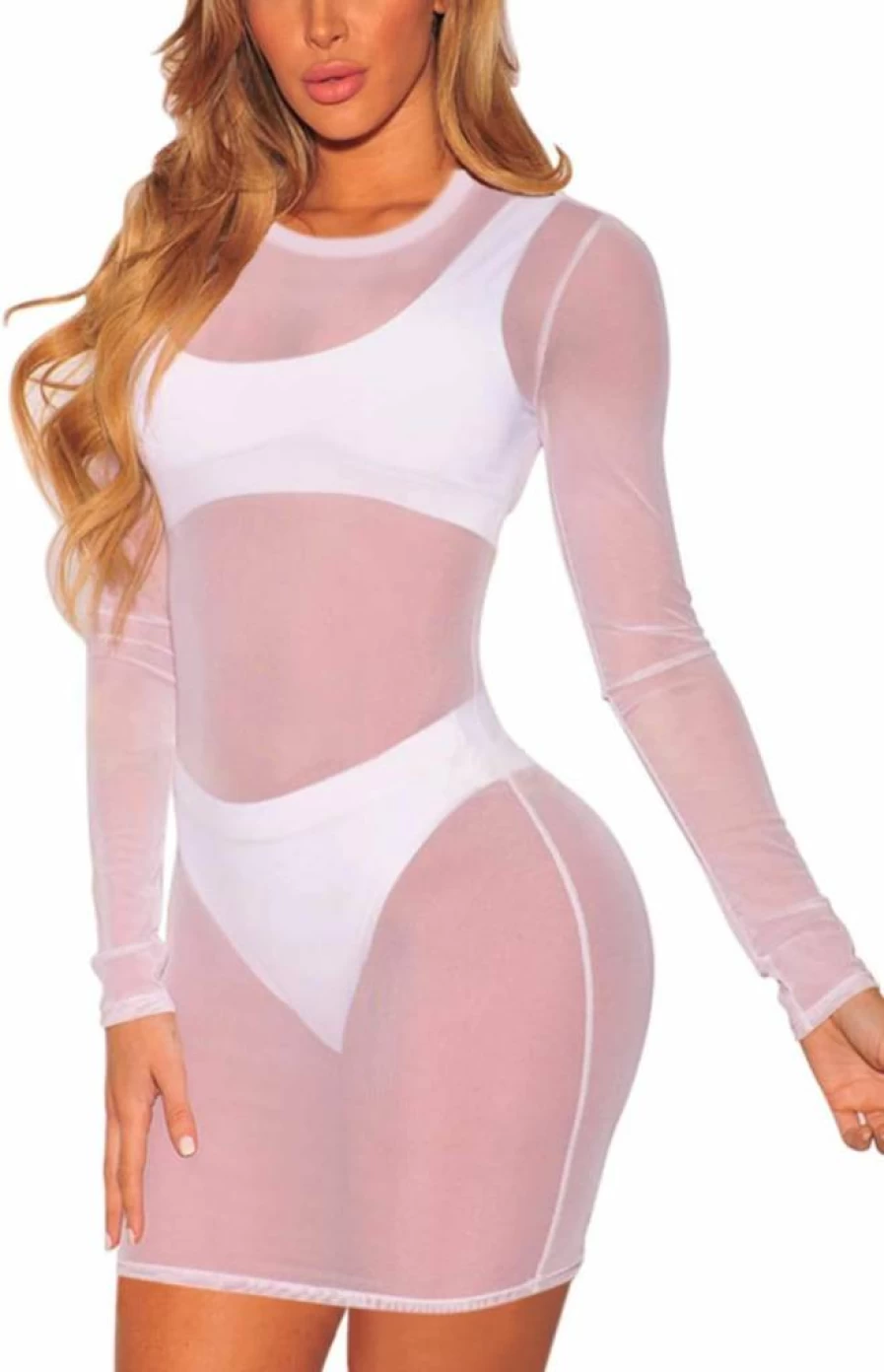 Jumppmile Women's Sheer Mesh Cover Up Dress Long Sleeve Beach Bikini Swimwear Transparent Summer Beachwear