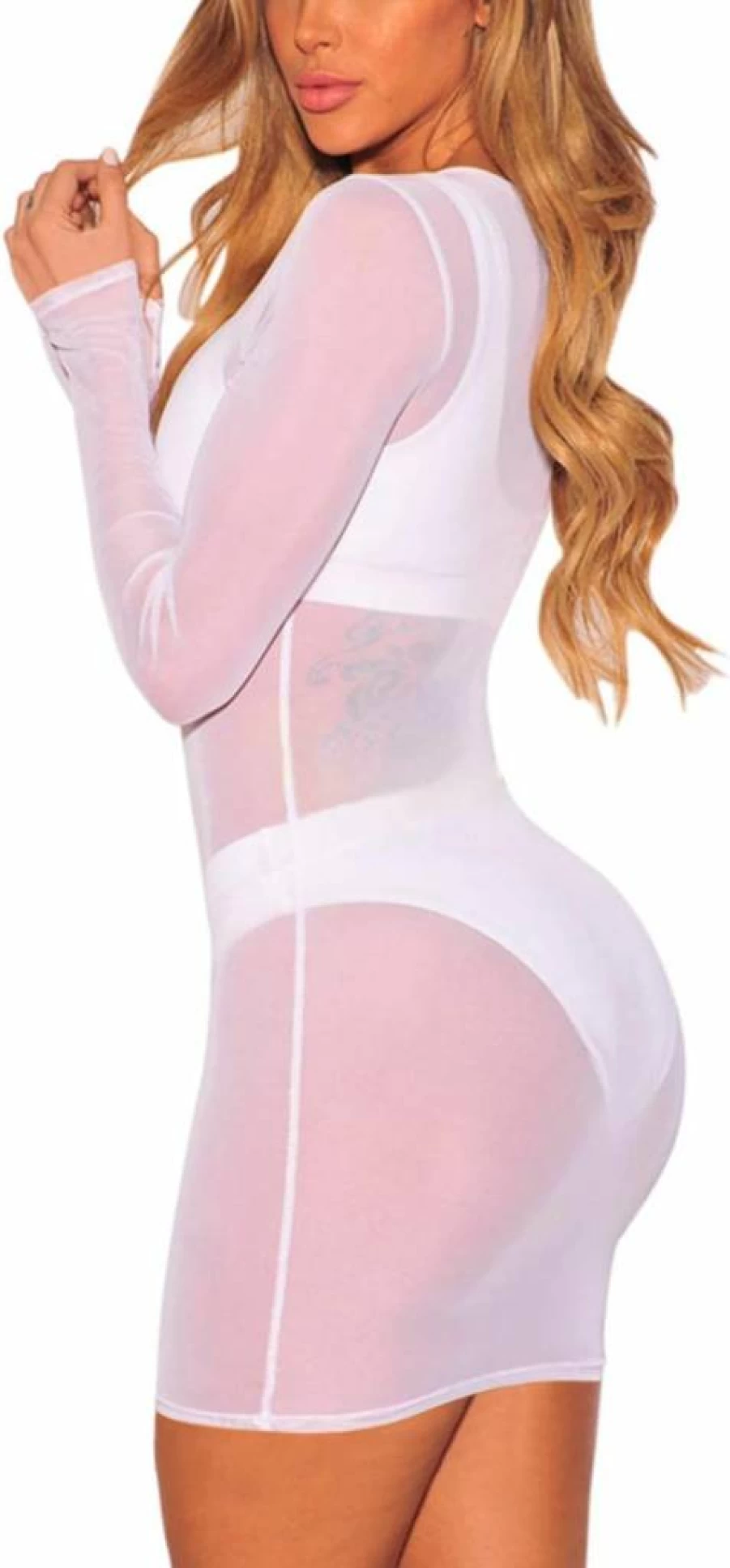Jumppmile Women's Sheer Mesh Cover Up Dress Long Sleeve Beach Bikini Swimwear Transparent Summer Beachwear