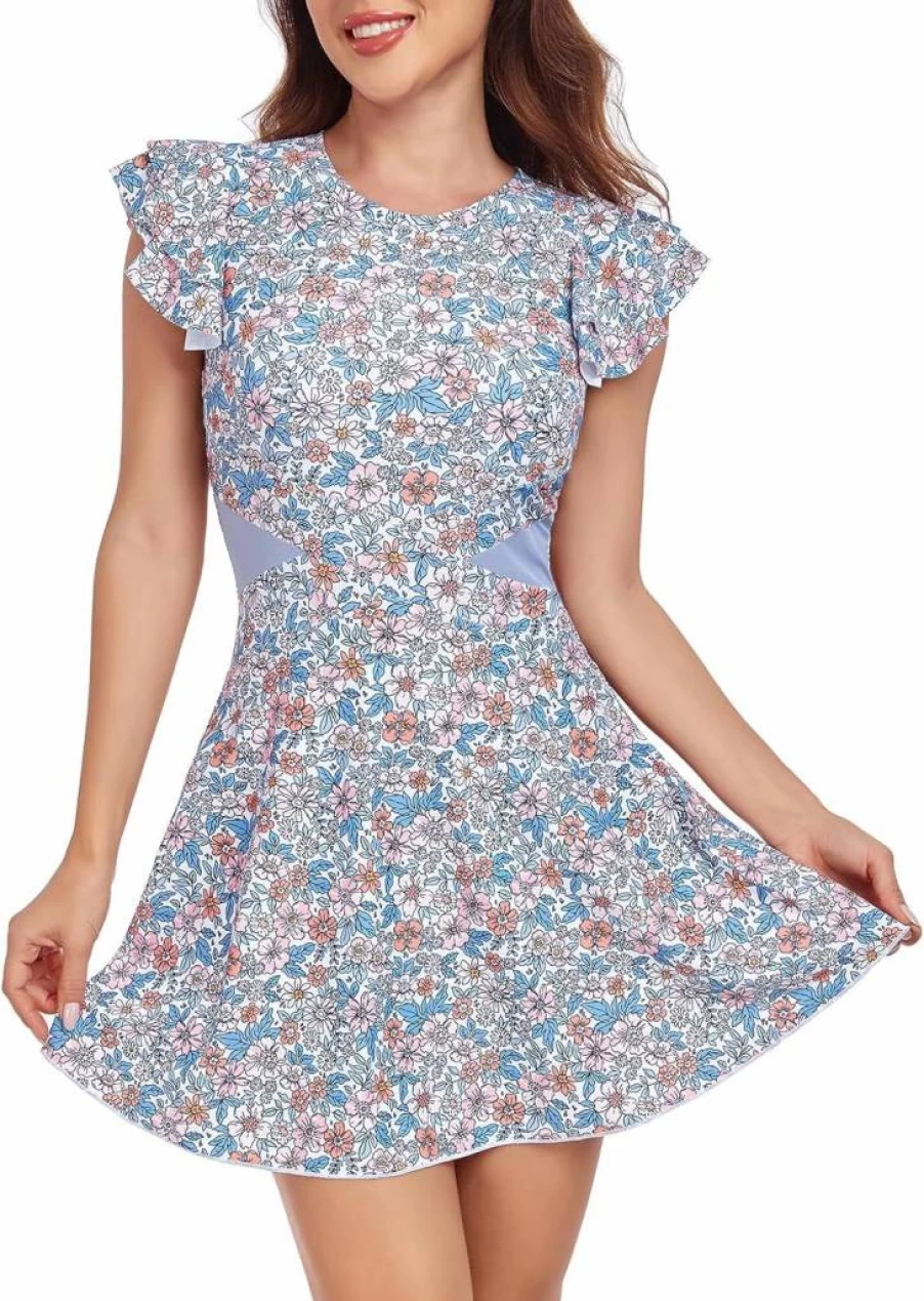 Smismivo Women's Modest One Piece Swimdress with Tummy Control, Sleeves, and Skirt - Full Coverage Bathing Suit Swimwear