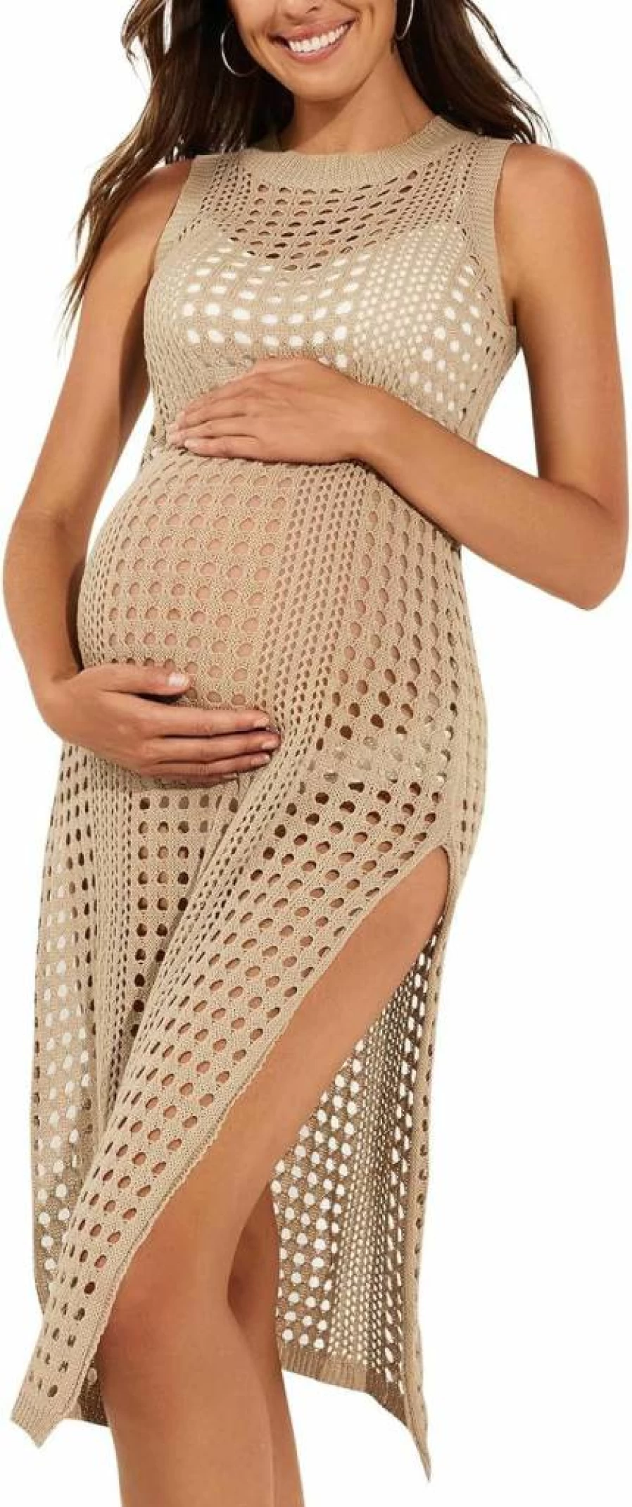 Summer Mae Women's Maternity Crochet Beach Cover Up Dress - Sleeveless Hollow Knit Bikini Swimsuit for Pregnancy