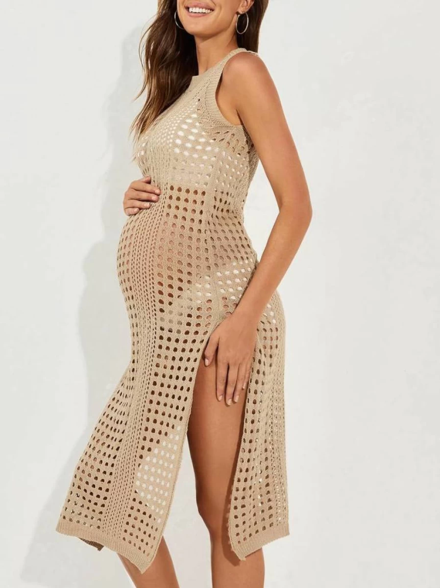 Summer Mae Women's Maternity Crochet Beach Cover Up Dress - Sleeveless Hollow Knit Bikini Swimsuit for Pregnancy