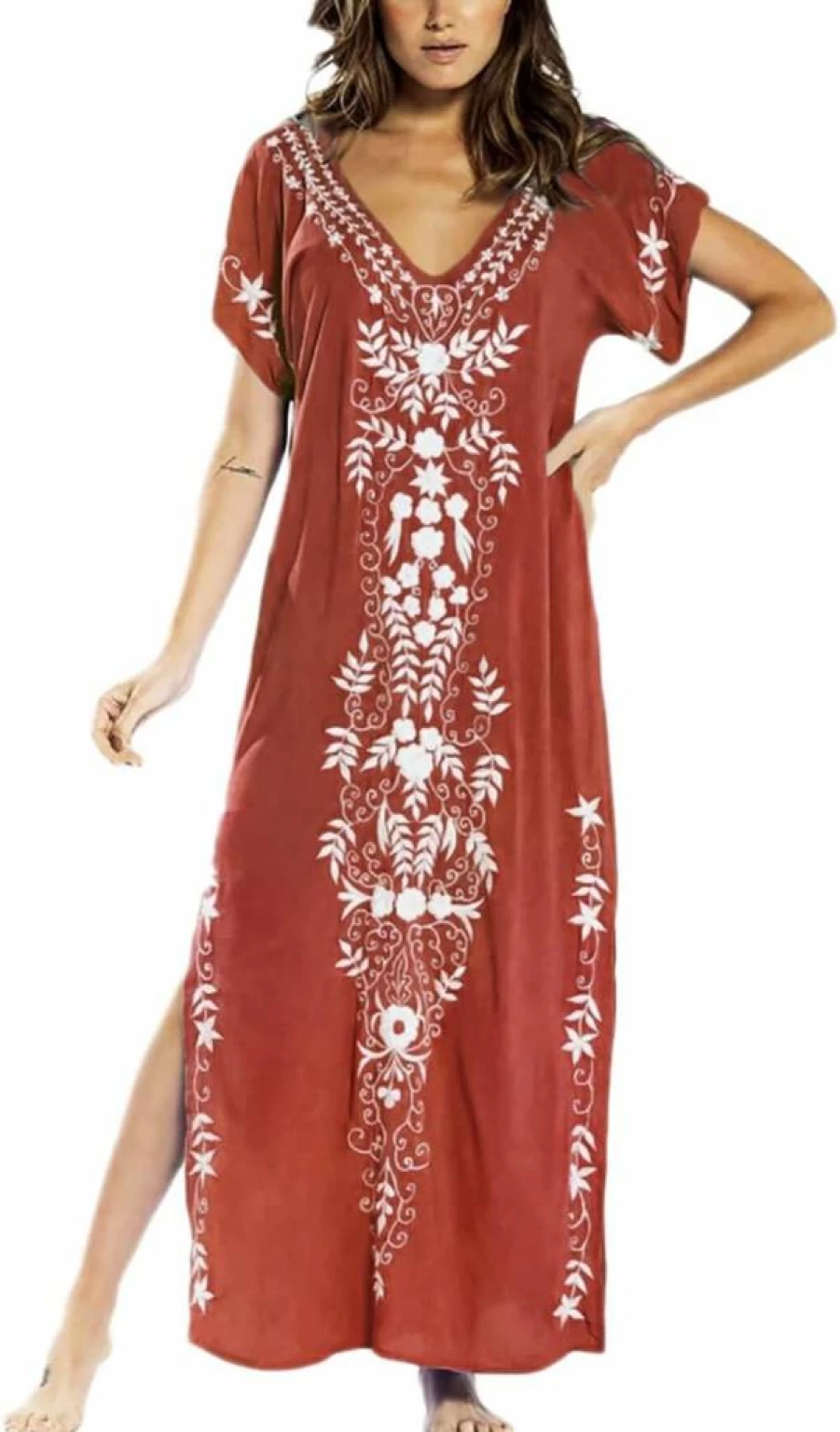 Bsubseach Women's Embroidered V-Neck Caftan Dress - Short Sleeve Beach Cover Up Maxi Kaftan for Summer