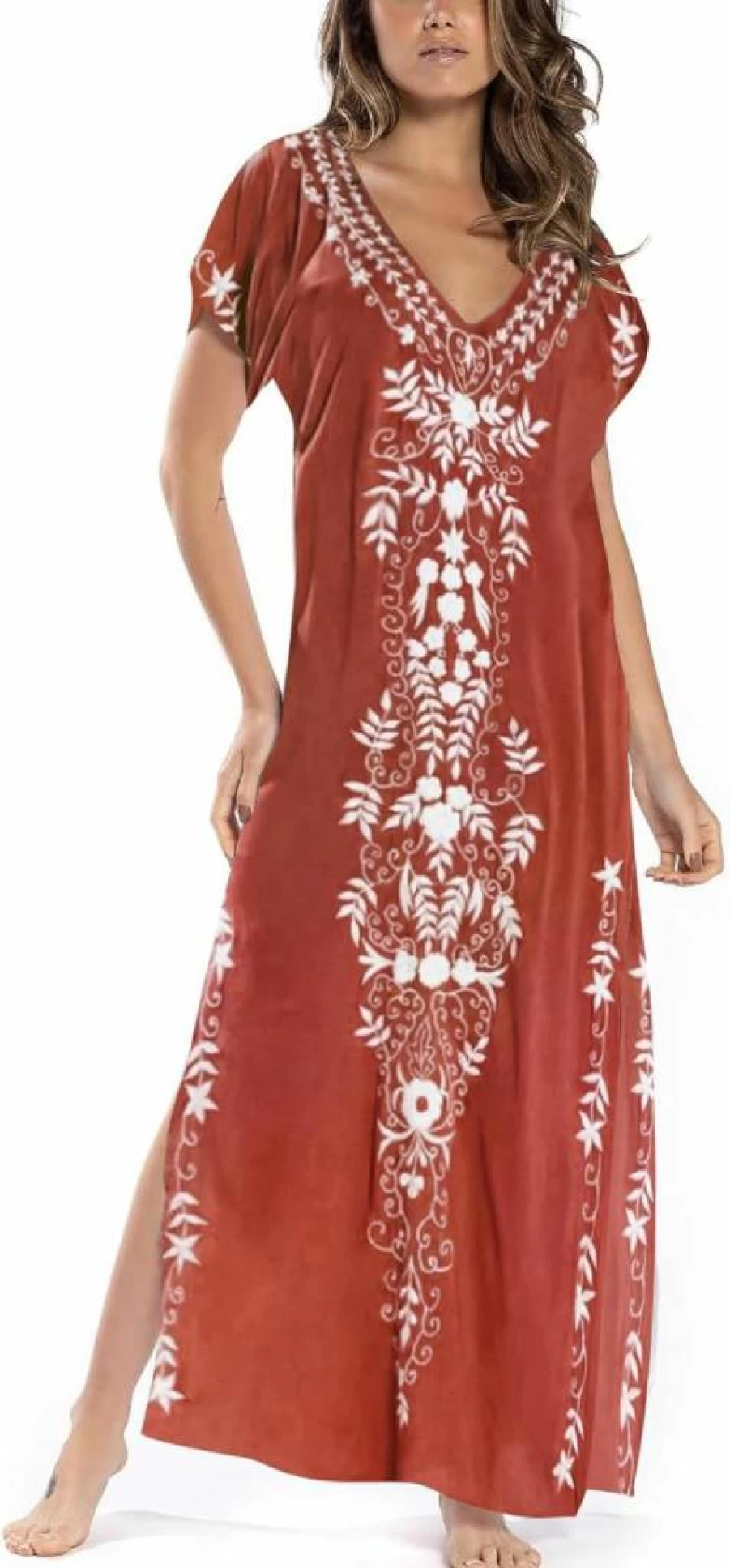 Bsubseach Women's Embroidered V-Neck Caftan Dress - Short Sleeve Beach Cover Up Maxi Kaftan for Summer
