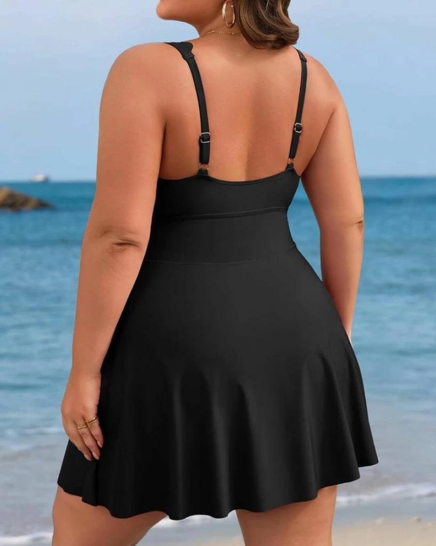 Charmo Plus Size Swimdress One Piece Swimsuit with Tummy Control - Flowy V Neck Bathing Suit for Women