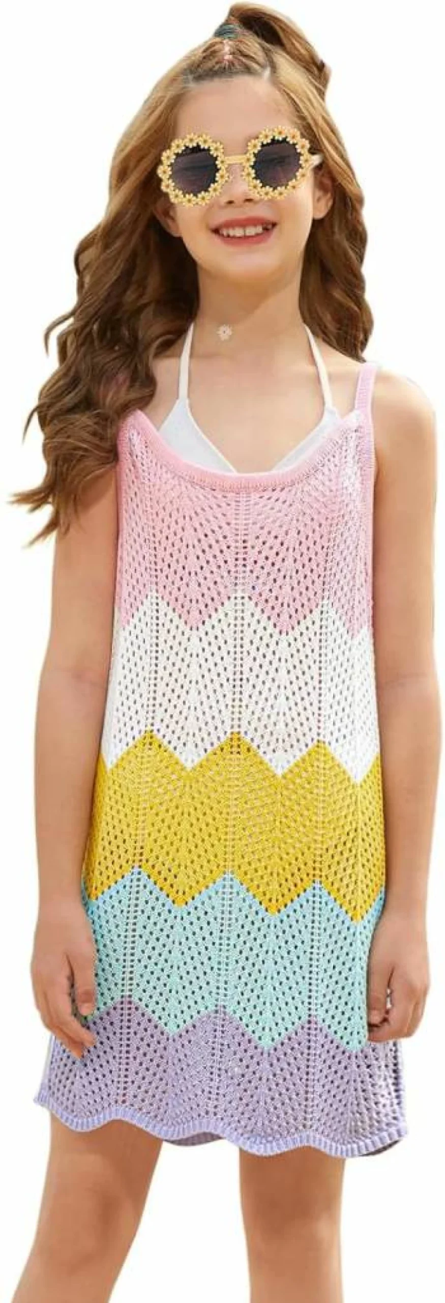 CHILDRENSTAR Girls Summer Knit Beach Cover-Up Dress with Sunglasses for Ages 4-13 Years