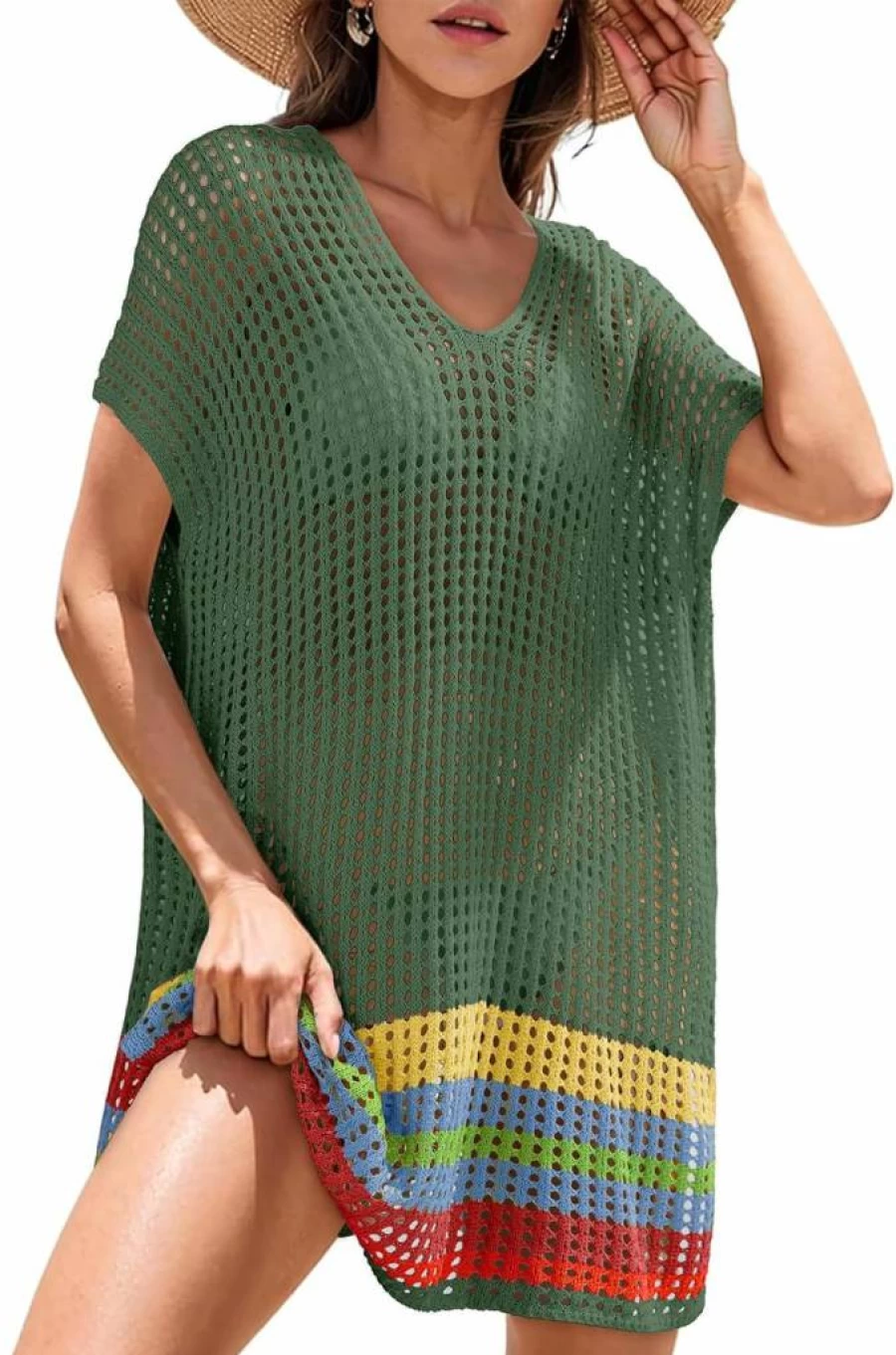 Dokotoo Women's Crochet Bikini Cover-Up Dress - Striped Beach Swimsuit with Side Split and Color Block Design