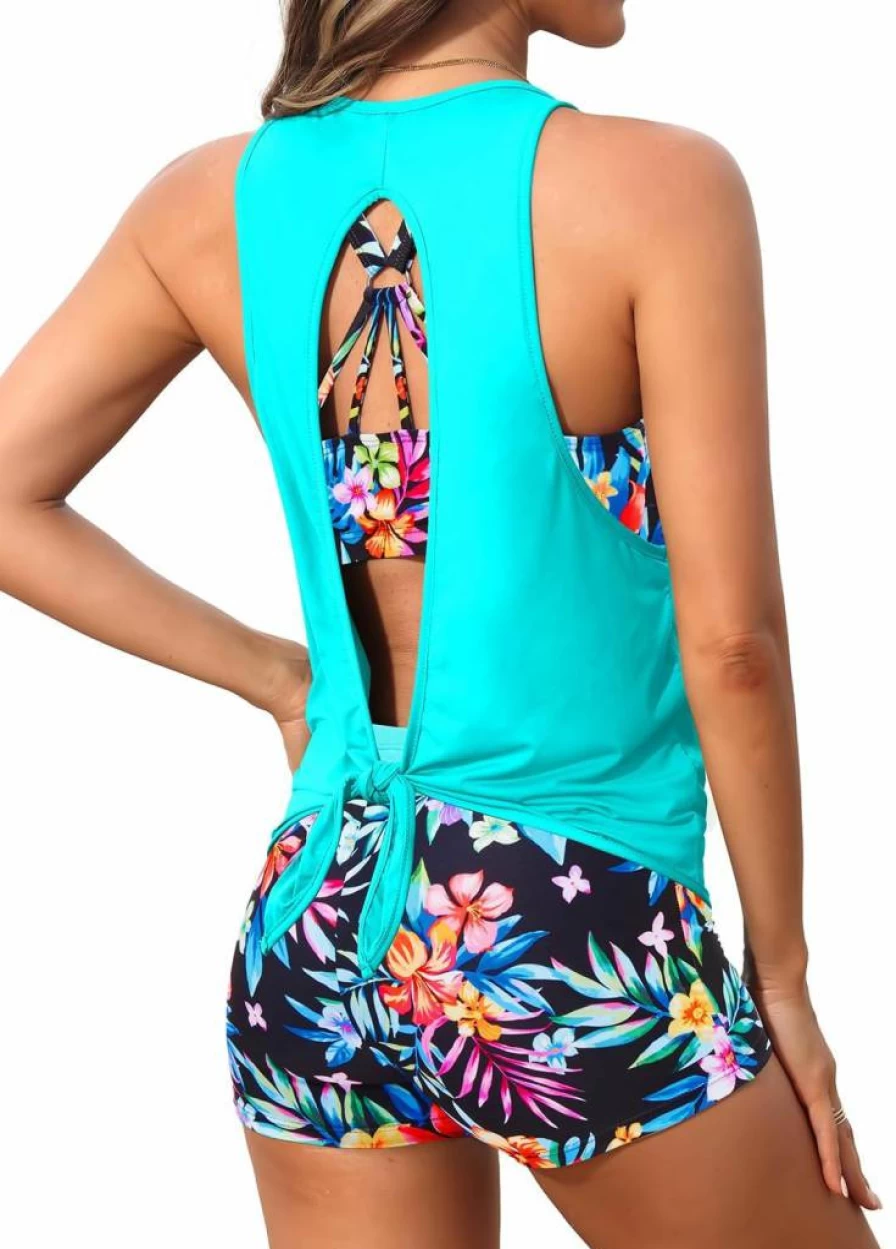 Aqua Eve Women's Athletic Tankini Swimsuit 3-Piece Set with Shorts and Open Back Design for Active Swimwear