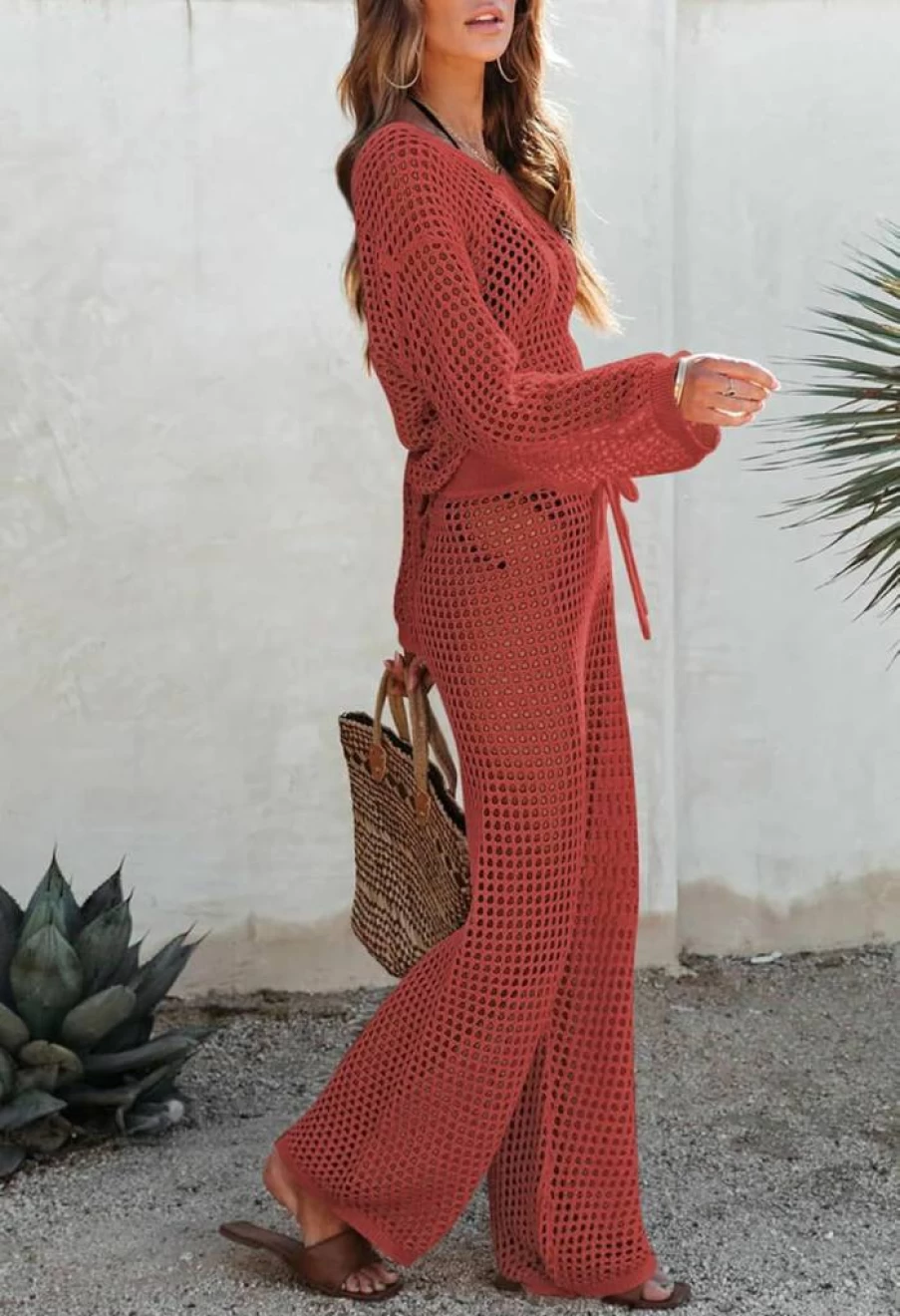 Pink Queen Women's 2-Piece Crochet Beach Cover Up Set - Long Sleeve Crop Top & Wide Leg Pants Swimsuit Outfit
