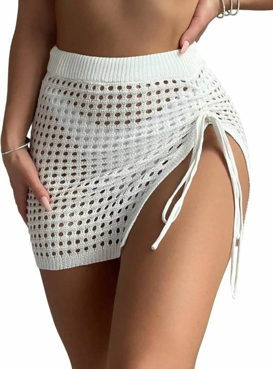 WDIRARA Women's Sheer Crochet Beach Cover Up Skirt - Hollow Out Swimwear Wrap with Drawstring & Side Splits