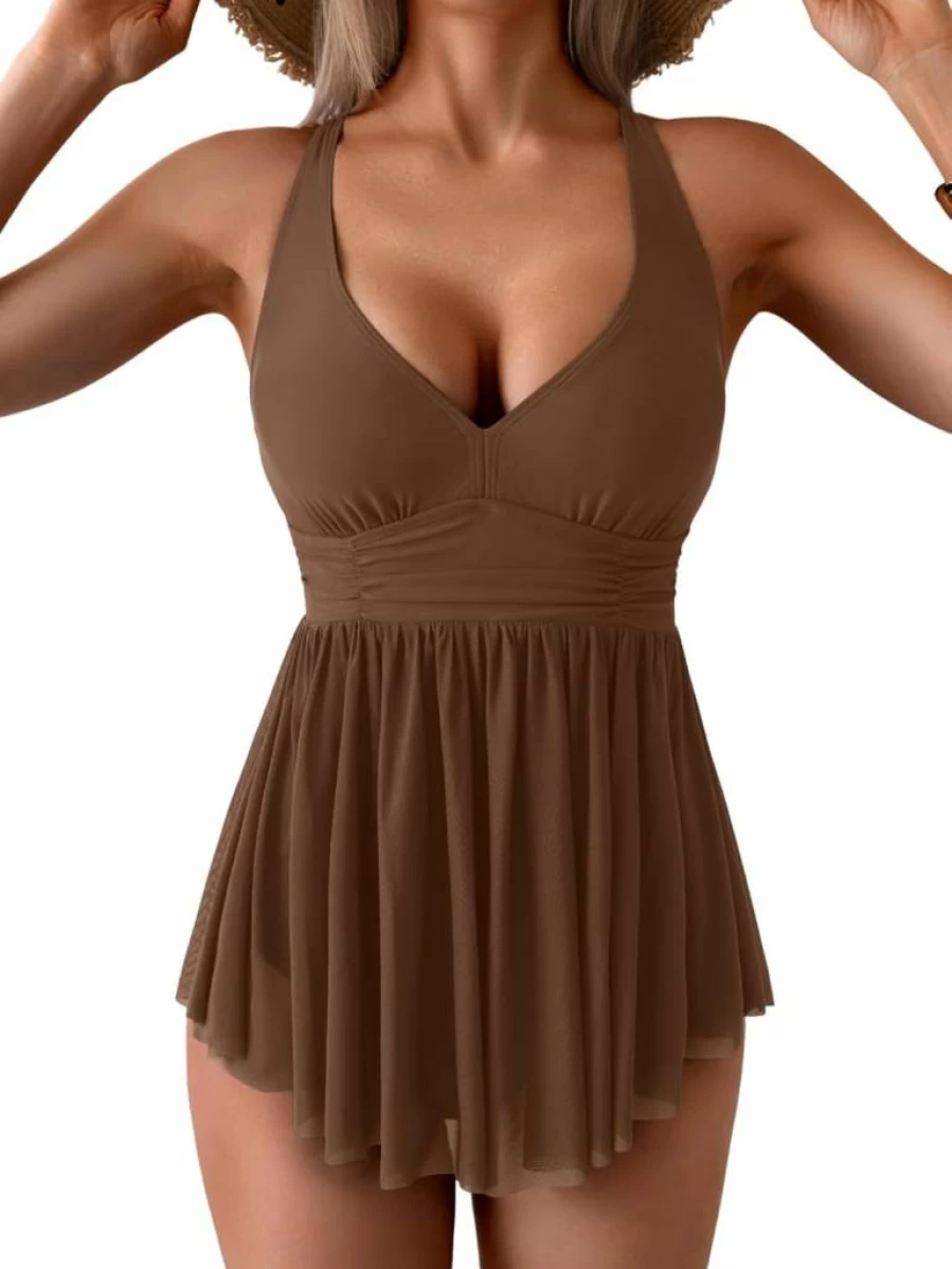 Aidonger Women's Tummy Control Swim Dress with V-Neck & Mesh Skirt – Tie Back Bathing Suit for Swimwear