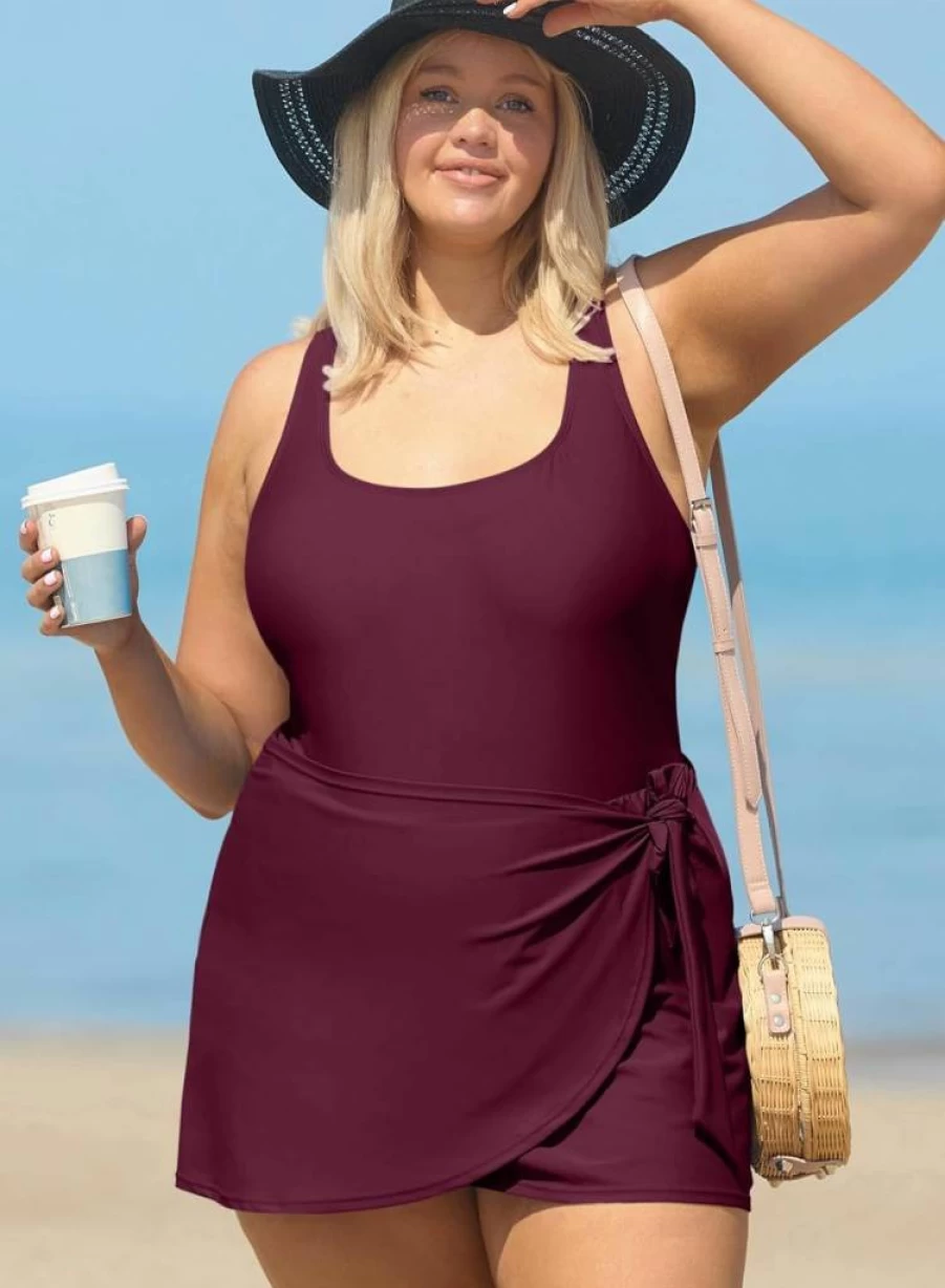 Aleumdr Women's Plus Size Swim Dress One Piece - Modest Full Coverage Tummy Control Bathing Suit with Skirt for Summer Beach Swimwear