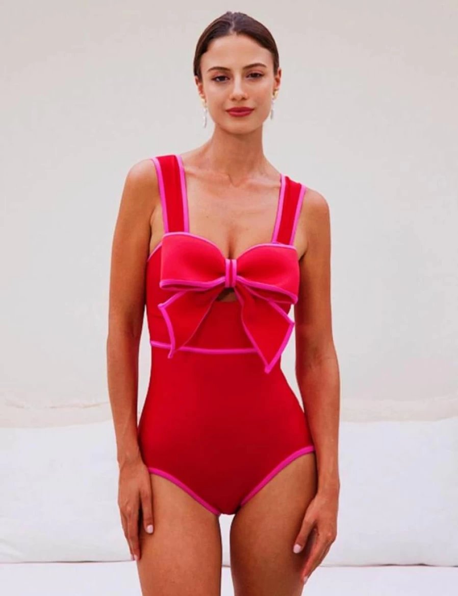FLAXMAKER Women's Color Block One Piece Swimsuit with Skirt - Bow Front Cut Out Design Bathing Suit