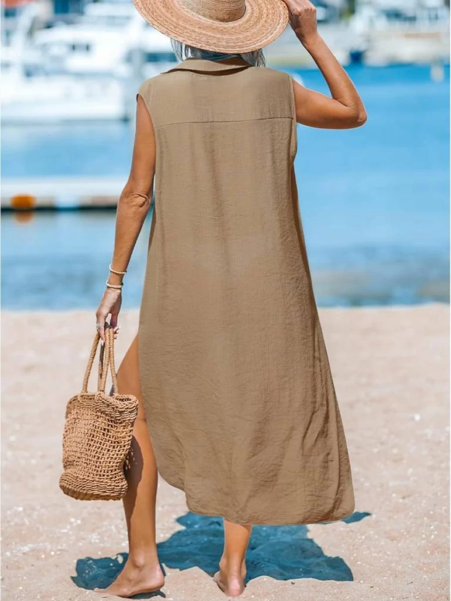 CUPSHE Women's Beach Cover Up Dress Sleeveless V-Neck Long Cardigan Side Split Midi Summer Swimwear Casual