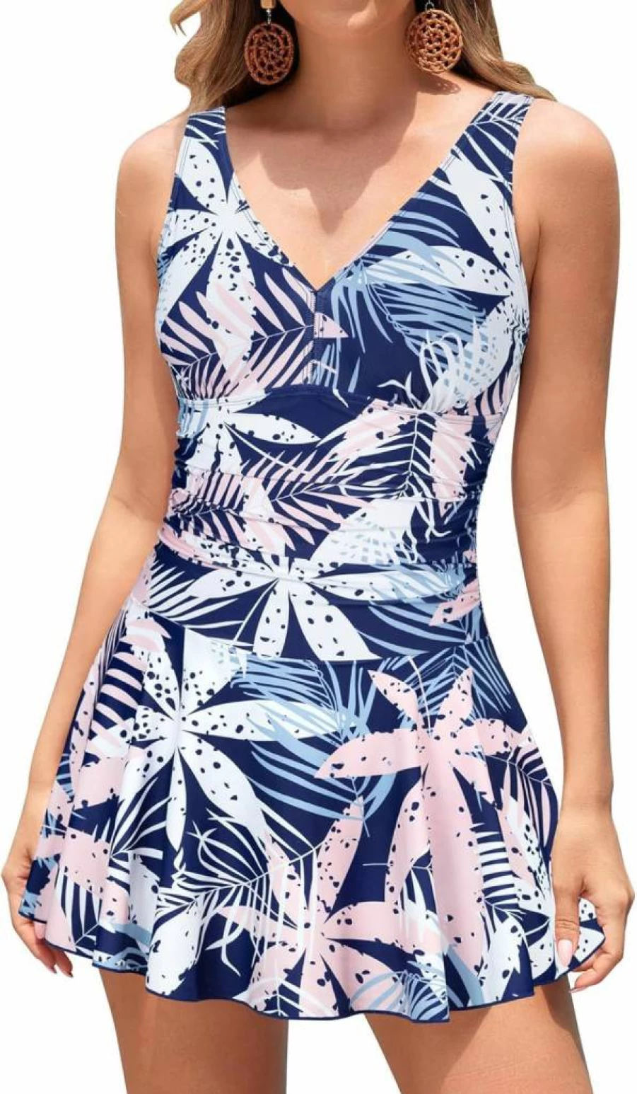 SHEKINI Women's Retro Ruched V-Neck Swimdress One Piece Bathing Suit Skirt Swimsuit