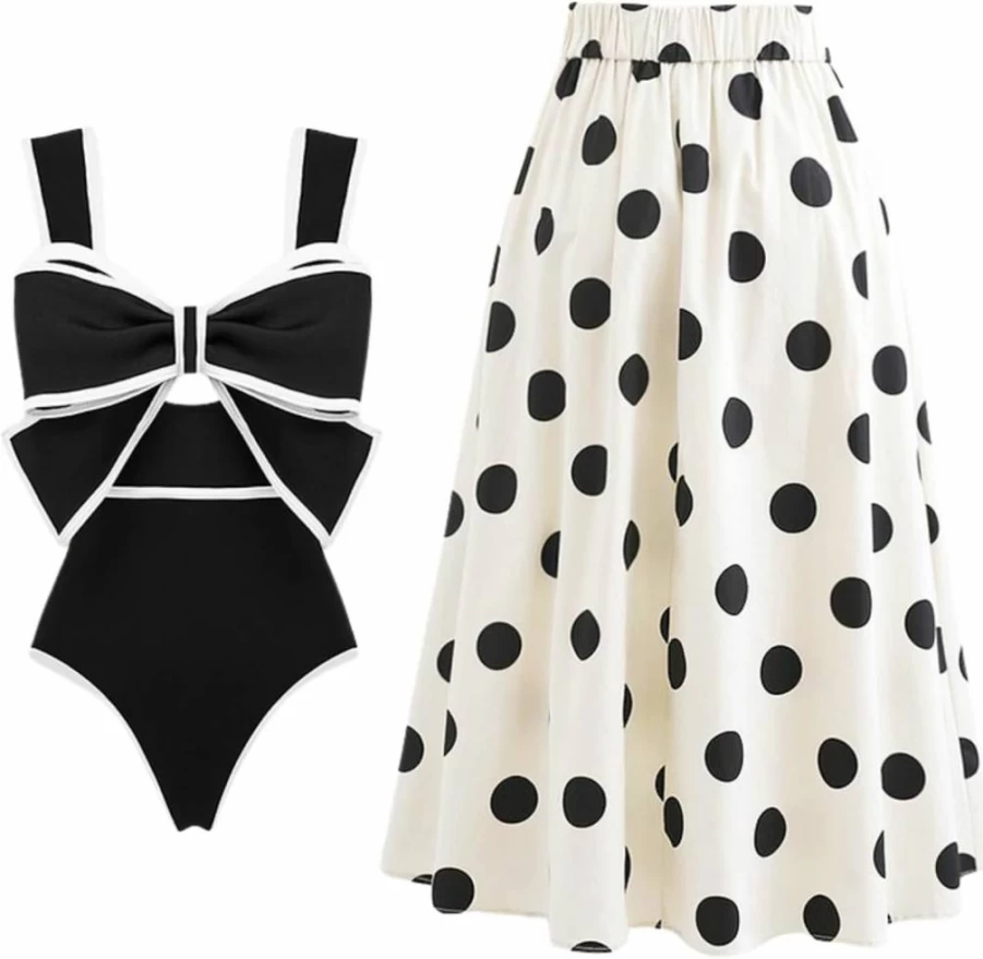 FLAXMAKER Women's Black & White Polka Dot One Piece Swimsuit with Skirt - Bow-Tie Decor Bathing Suit