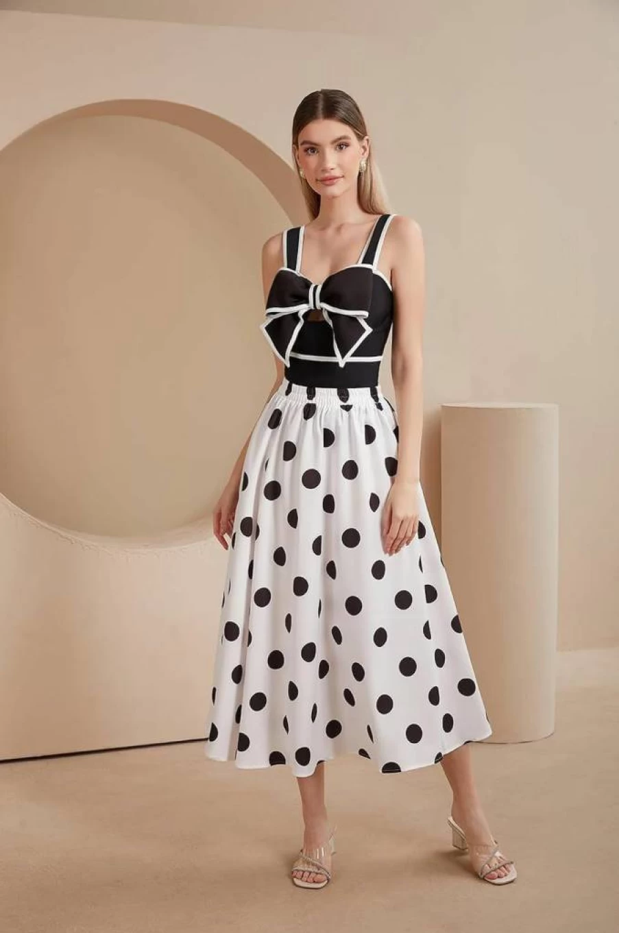 FLAXMAKER Women's Black & White Polka Dot One Piece Swimsuit with Skirt - Bow-Tie Decor Bathing Suit