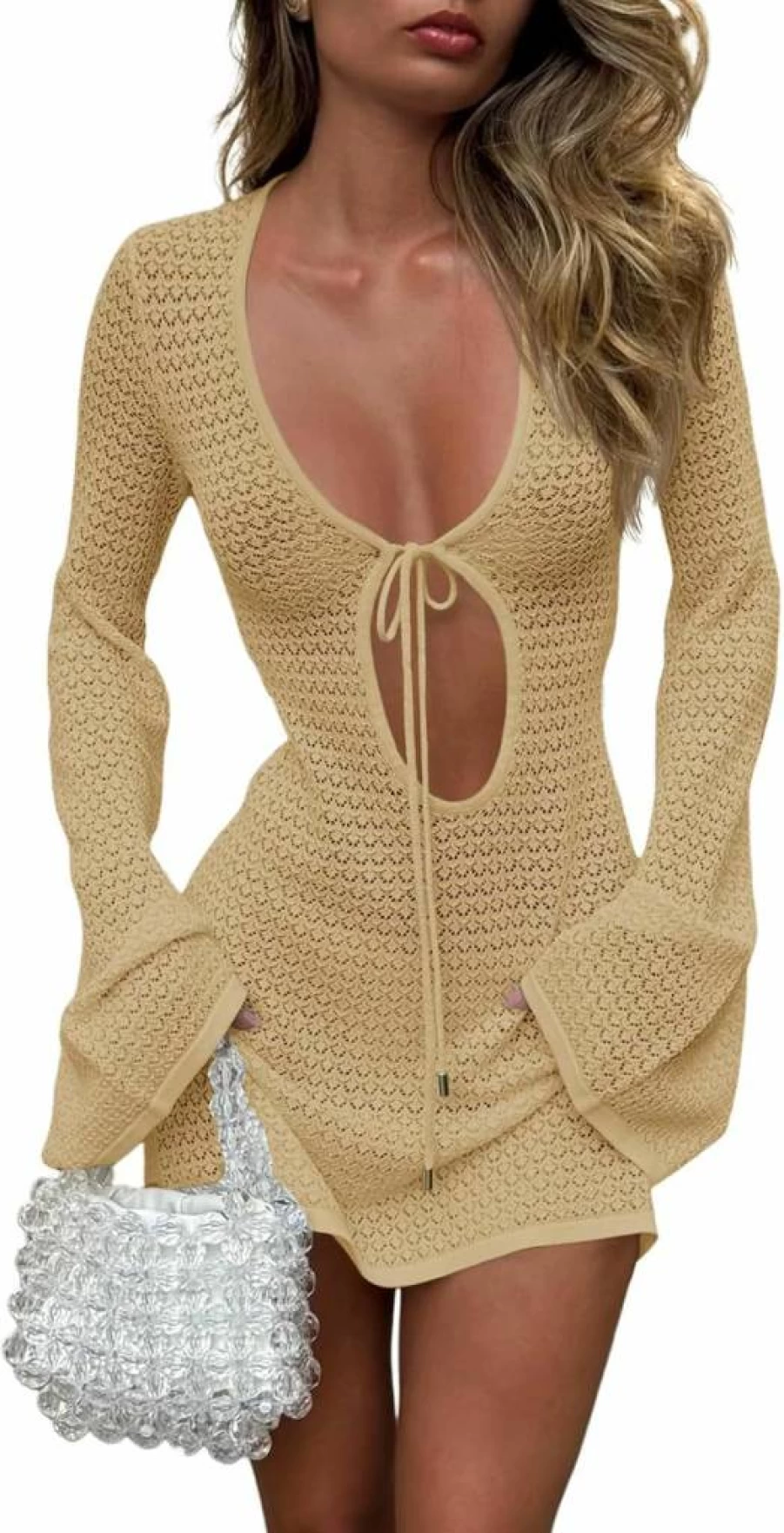 Saodimallsu Women's Crochet Beach Cover Up Dress Long Bell Sleeve V Neck Mesh Knit Swimsuit Wrap Summer Vacation Outfit