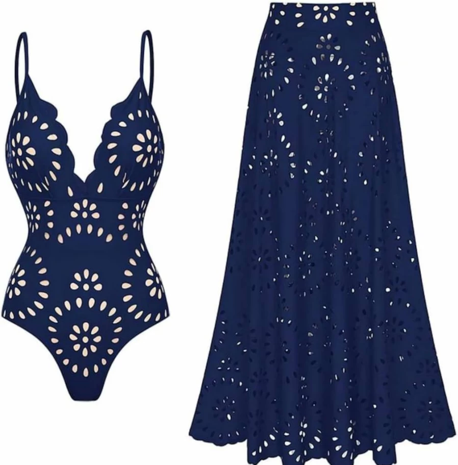 FLAXMAKER Women's V-Neck Swimsuit One-Piece with Skirt - Floral Hollow Design Bathing Suit