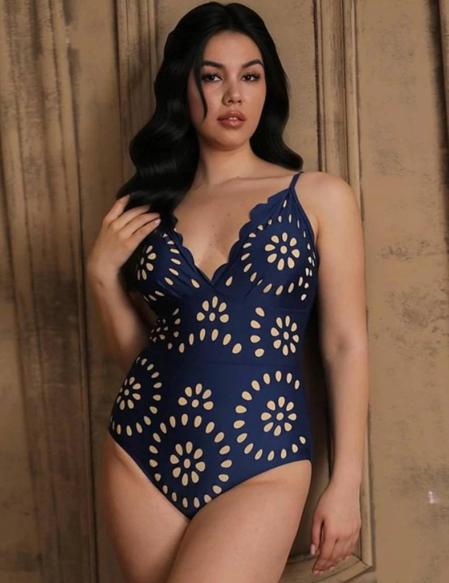 FLAXMAKER Women's V-Neck Swimsuit One-Piece with Skirt - Floral Hollow Design Bathing Suit