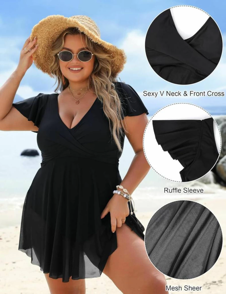 BMJL Plus Size Swim Dress for Women - Tummy Control One Piece Bathing Suit with Ruffle Sleeves