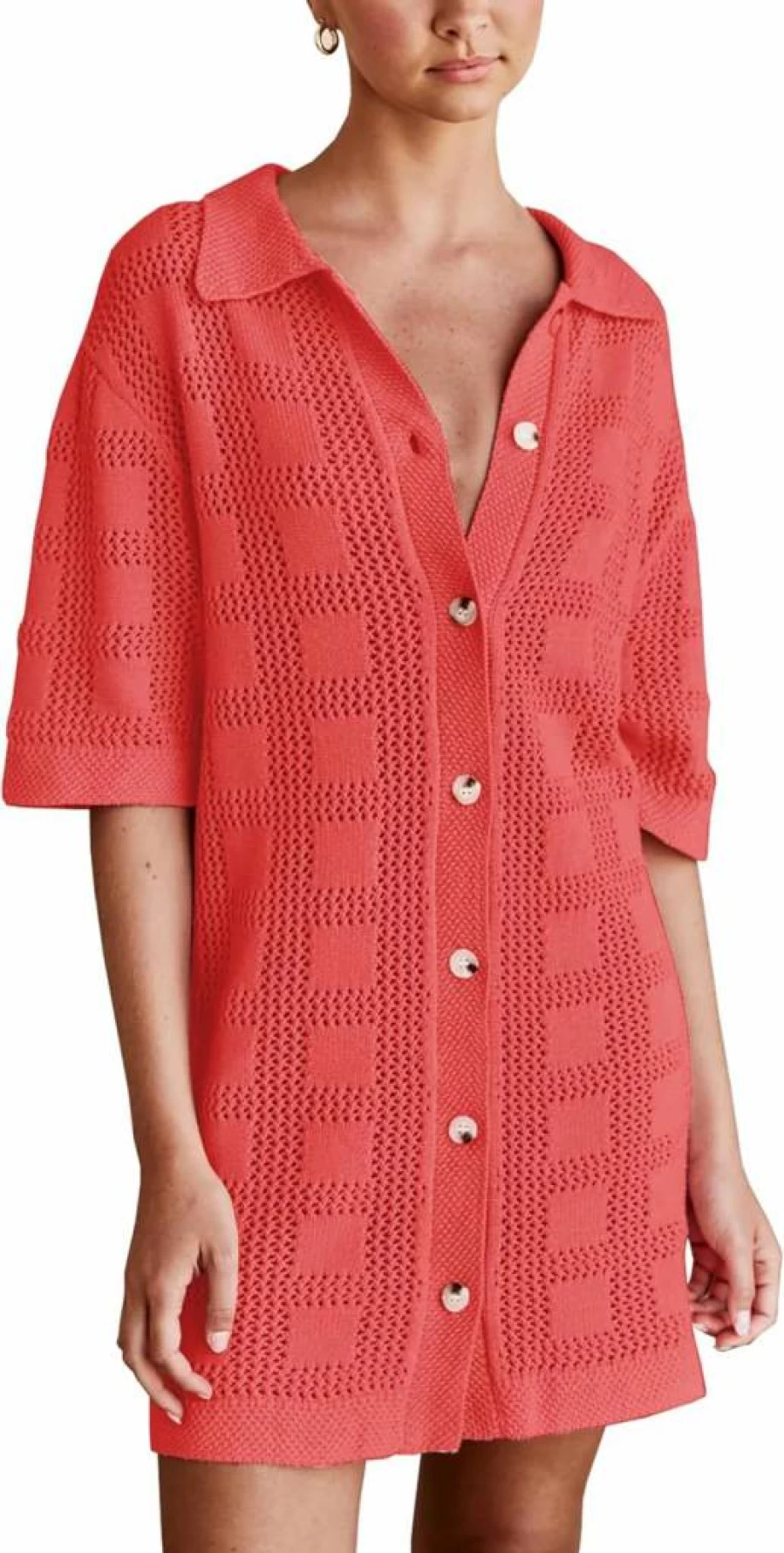 Lumister Women's Lightweight Crochet Knit Beach Cover Up Dress - Summer Swimwear Button Down Swim Dress
