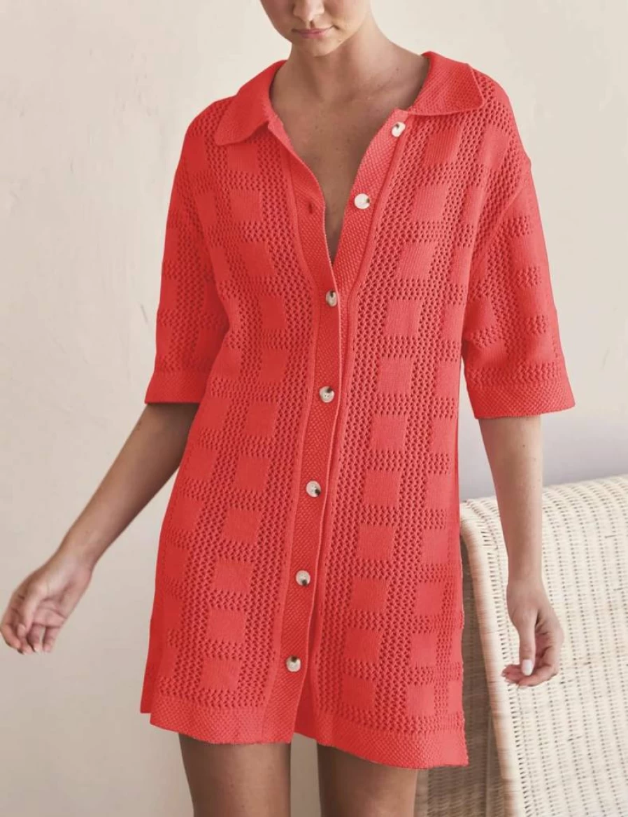 Lumister Women's Lightweight Crochet Knit Beach Cover Up Dress - Summer Swimwear Button Down Swim Dress