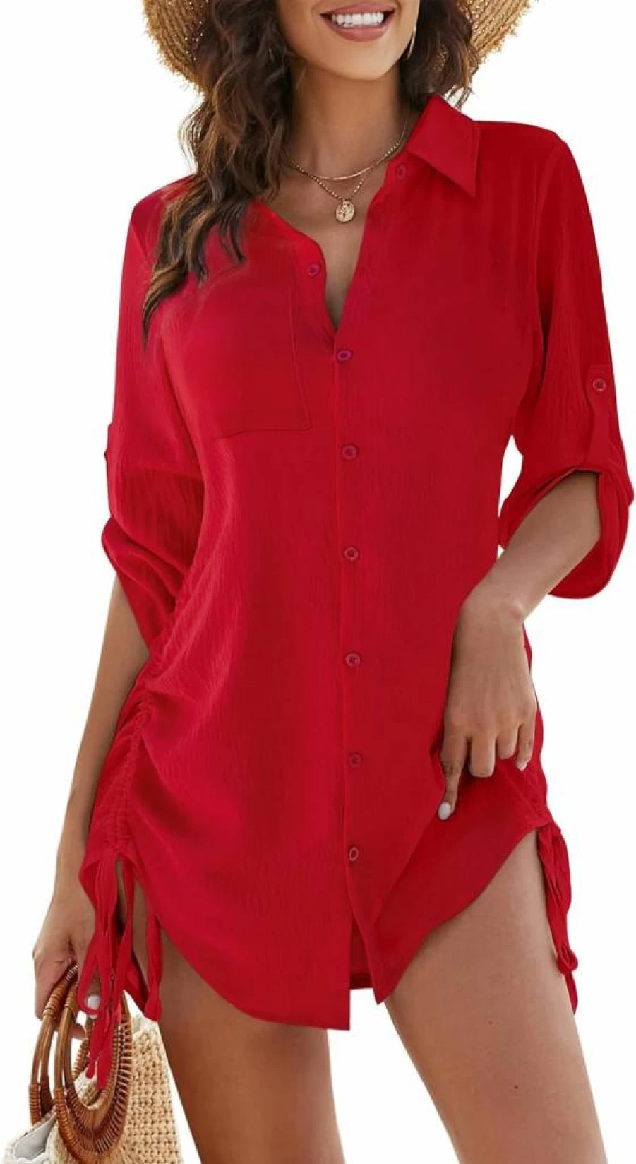Blooming Jelly Women's Beach Cover Up Dress - Bikini Swimsuit Cover Up with Drawstring & Button Down for Poolside and Seaside