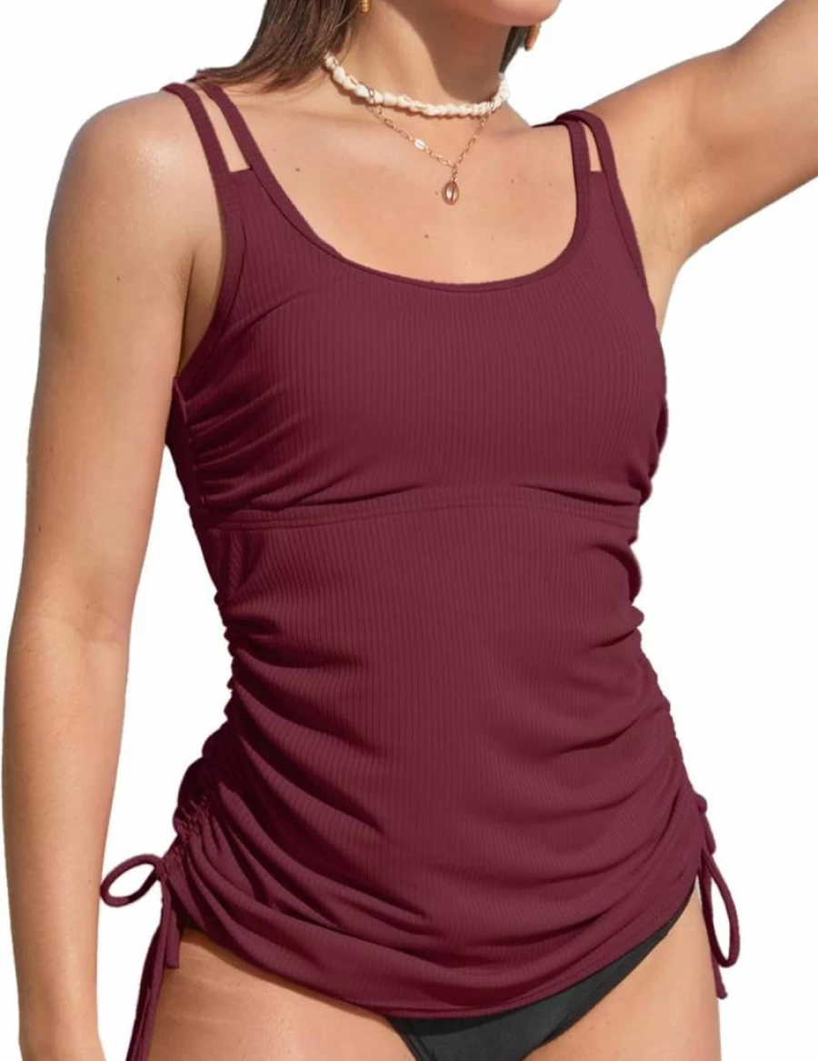 ANFILIA Women's Ribbed Tankini Top with Tie-Side Drawstrings - Tummy Control Sporty Swimsuit for Swimming and Beach