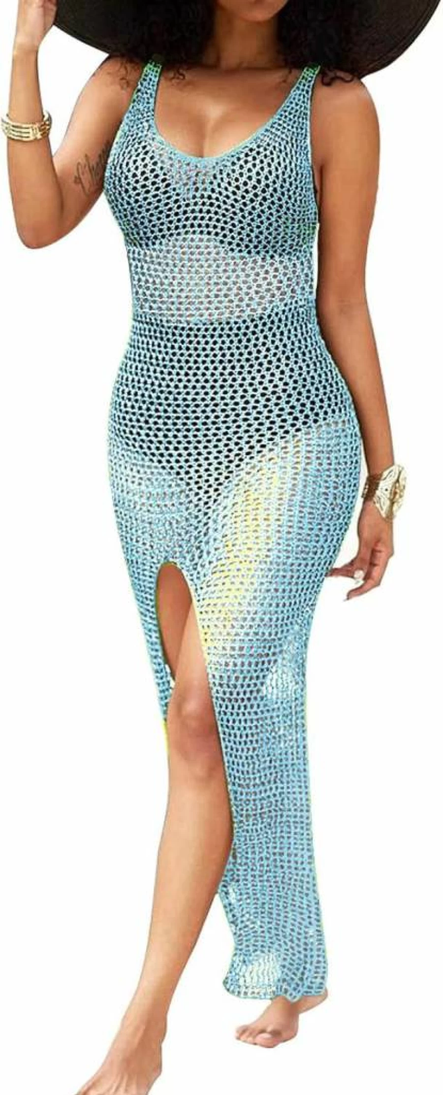 SeNight Women's Sheer Crochet Beach Cover Up Maxi Dress - Sexy Sleeveless Bikini Swimwear for Summer