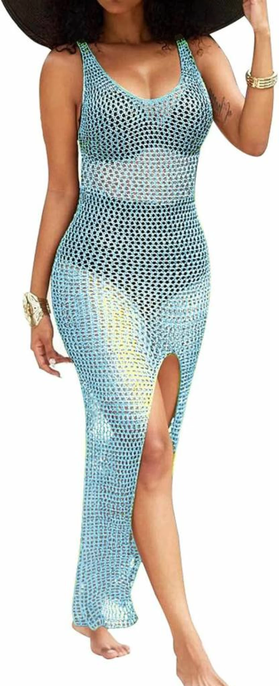 SeNight Women's Sheer Crochet Beach Cover Up Maxi Dress - Sexy Sleeveless Bikini Swimwear for Summer