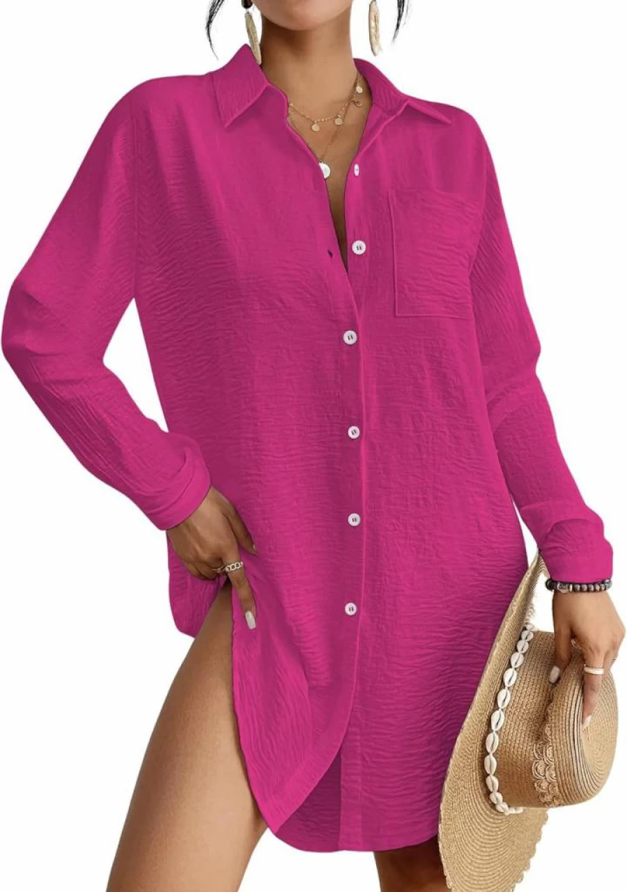 Bsubseach Women's Long Sleeve Beach Cover Up Shirt Dress - Button Down Swimsuit Coverup, Modern Blouse Top for Summer