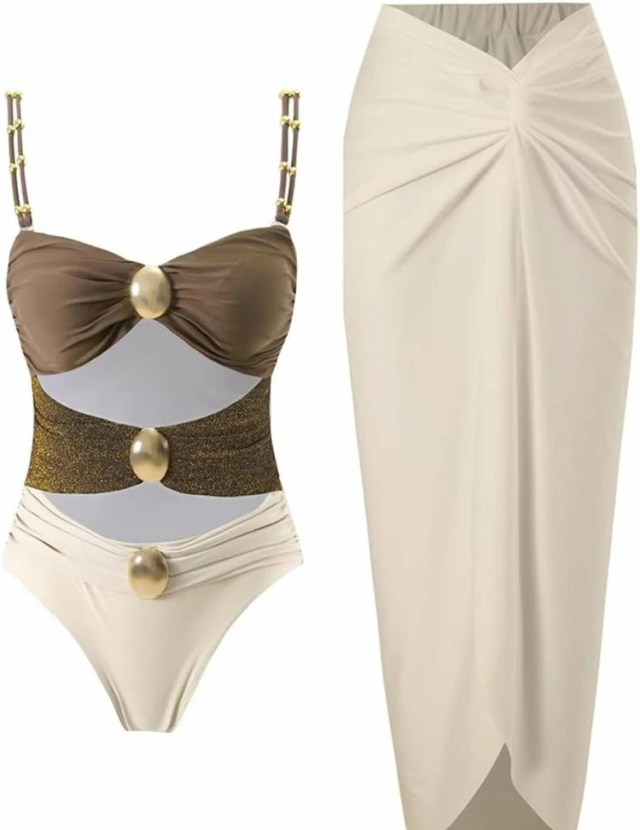 YUNIDMEIM Women's Retro Two-Piece Bikini Set with Beach Cover-Up Skirt and Matching Swimsuit