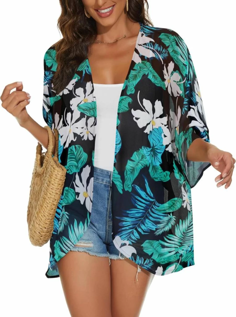 JILUVIN Women's Kimono Cardigan Cover Up - Lightweight Beach Swimwear Wrap with Puff Sleeves for Summer