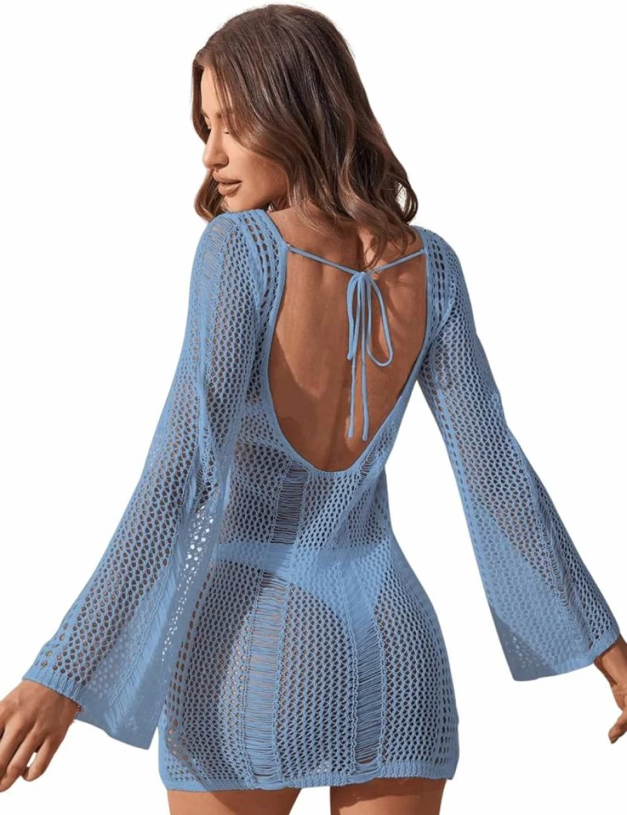 COZYEASE Women's Crochet Backless Beach Cover Up Dress - Long Sleeve Hollow Out Knitted Swimsuit for Summer