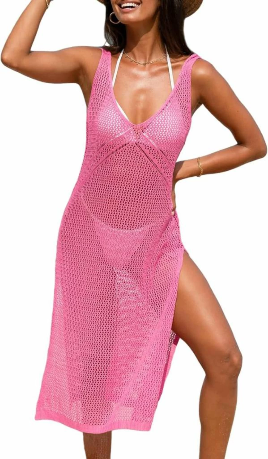 CUPSHE Women's Crochet Beach Cover Up Dress - Sleeveless Hollow Out Mesh Swimsuit Coverup Long Split Design for Summer 2025