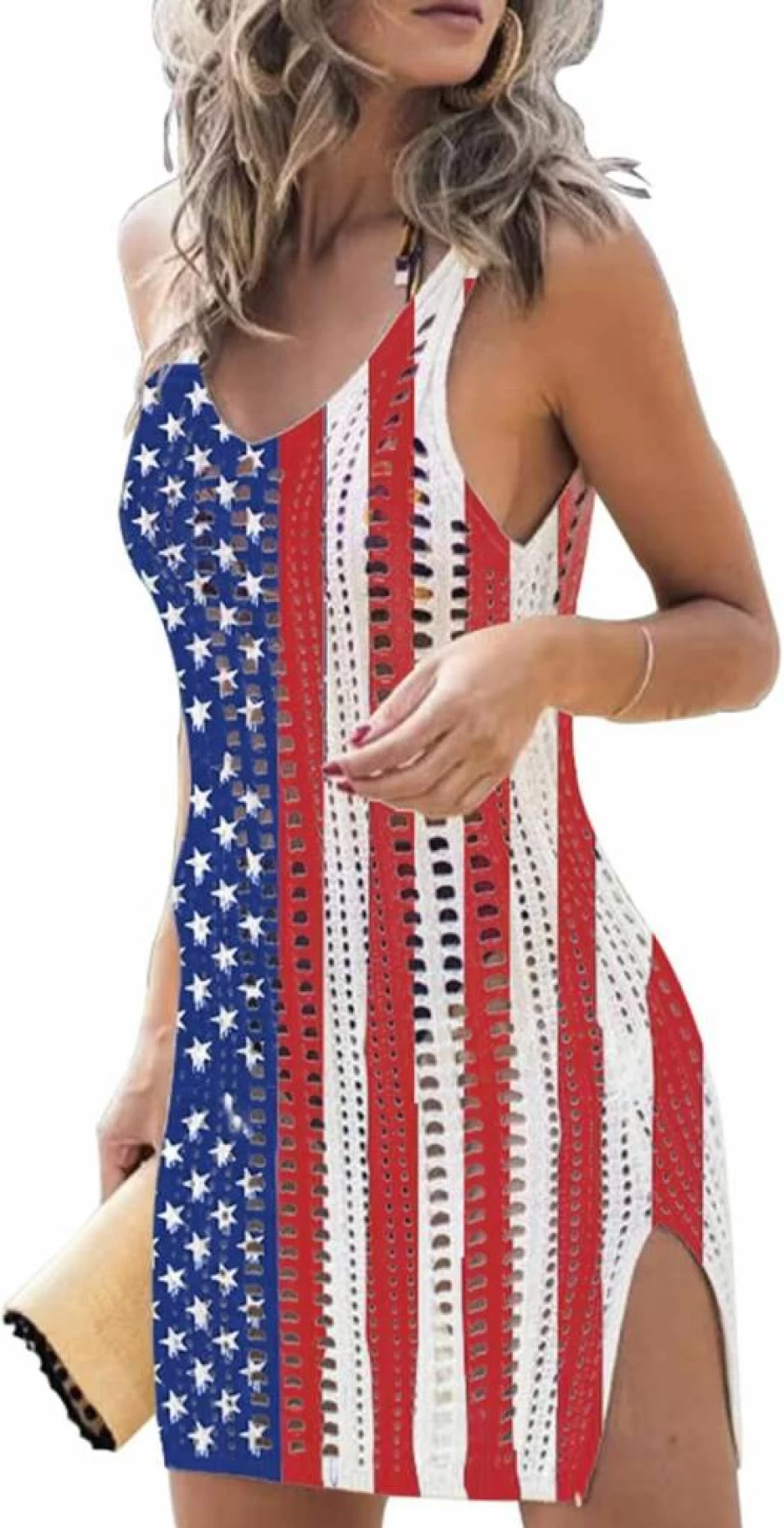 GOWONE Women's Patriotic Crochet Beach Cover Up Dress - Sleeveless Hollow Out Swimwear for 4th of July & Summer