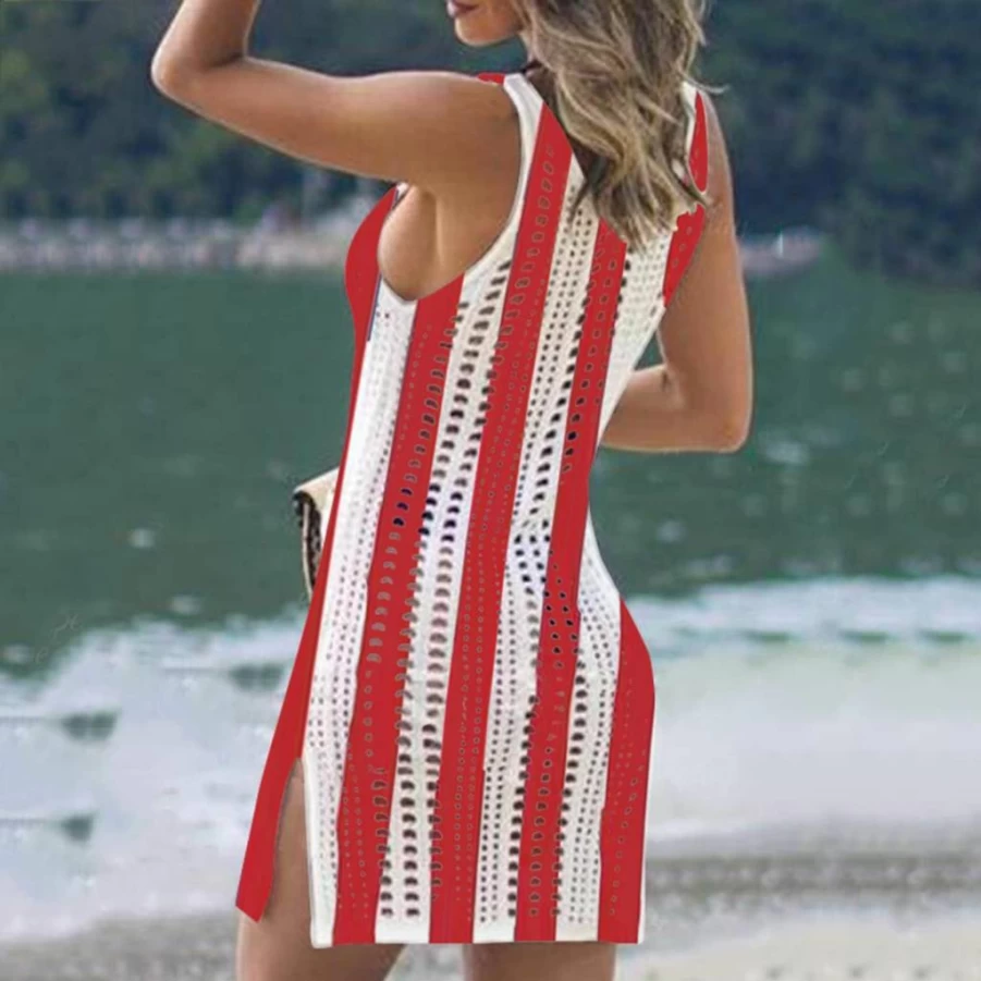 GOWONE Women's Patriotic Crochet Beach Cover Up Dress - Sleeveless Hollow Out Swimwear for 4th of July & Summer