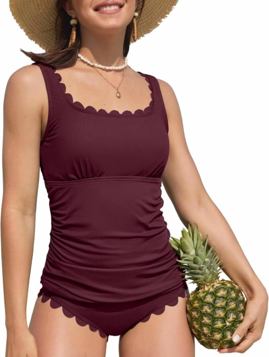 ANFILIA Women's Ribbed Tankini Swimsuits Two-Piece Set - Scalloped Tummy Control Bikini Top & High-Waisted Bottom Bathing Suits