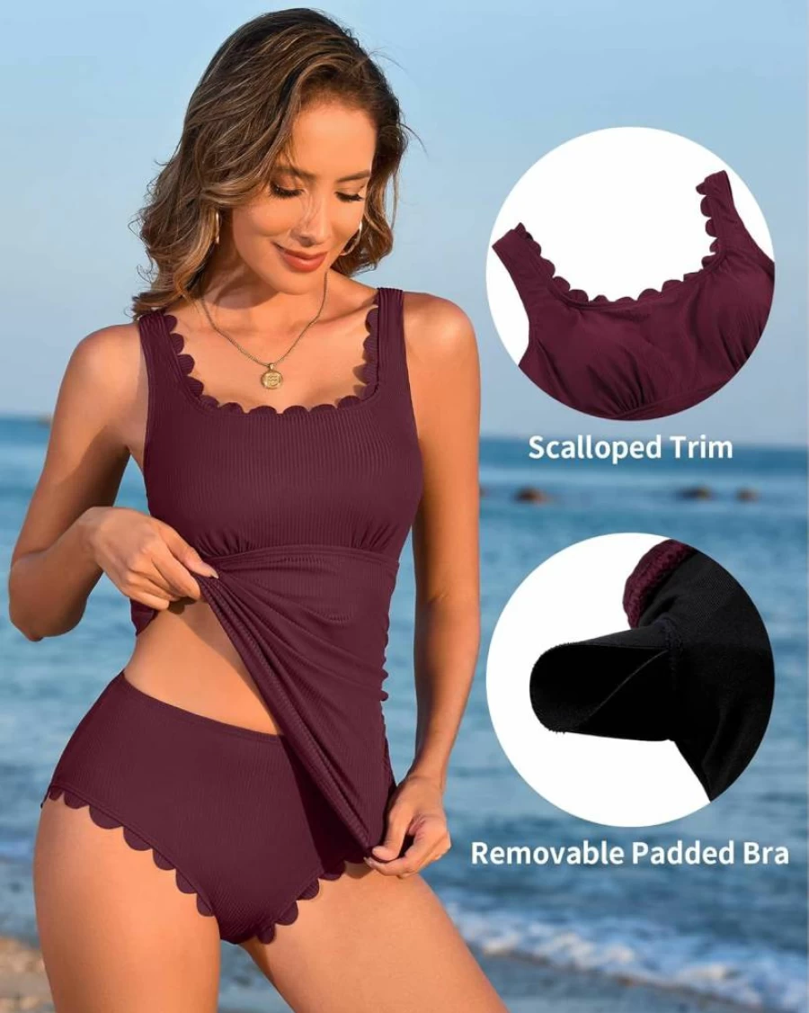 ANFILIA Women's Ribbed Tankini Swimsuits Two-Piece Set - Scalloped Tummy Control Bikini Top & High-Waisted Bottom Bathing Suits