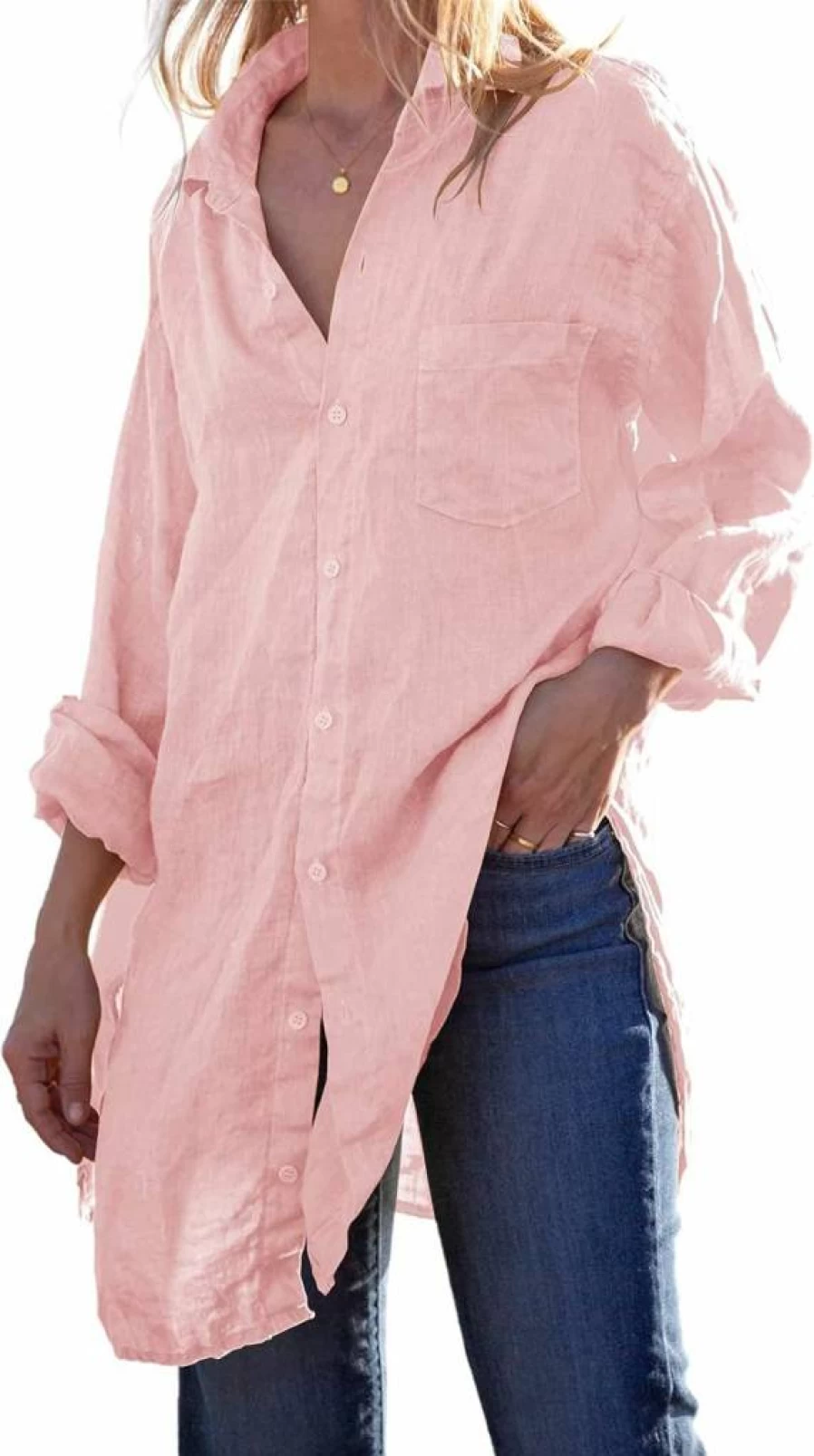 Runcati Women's Linen Cotton Long Sleeve Blouse - Loose Fit Button Down Tunic Top for Beach Cover Up or Casual Wear