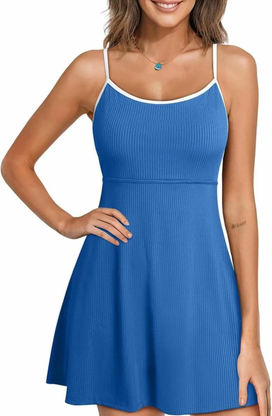 Aleumdr Women's Modest Swim Dress with Tummy Control, Adjustable Straps & Pockets - Ribbed One Piece Bathing Suit