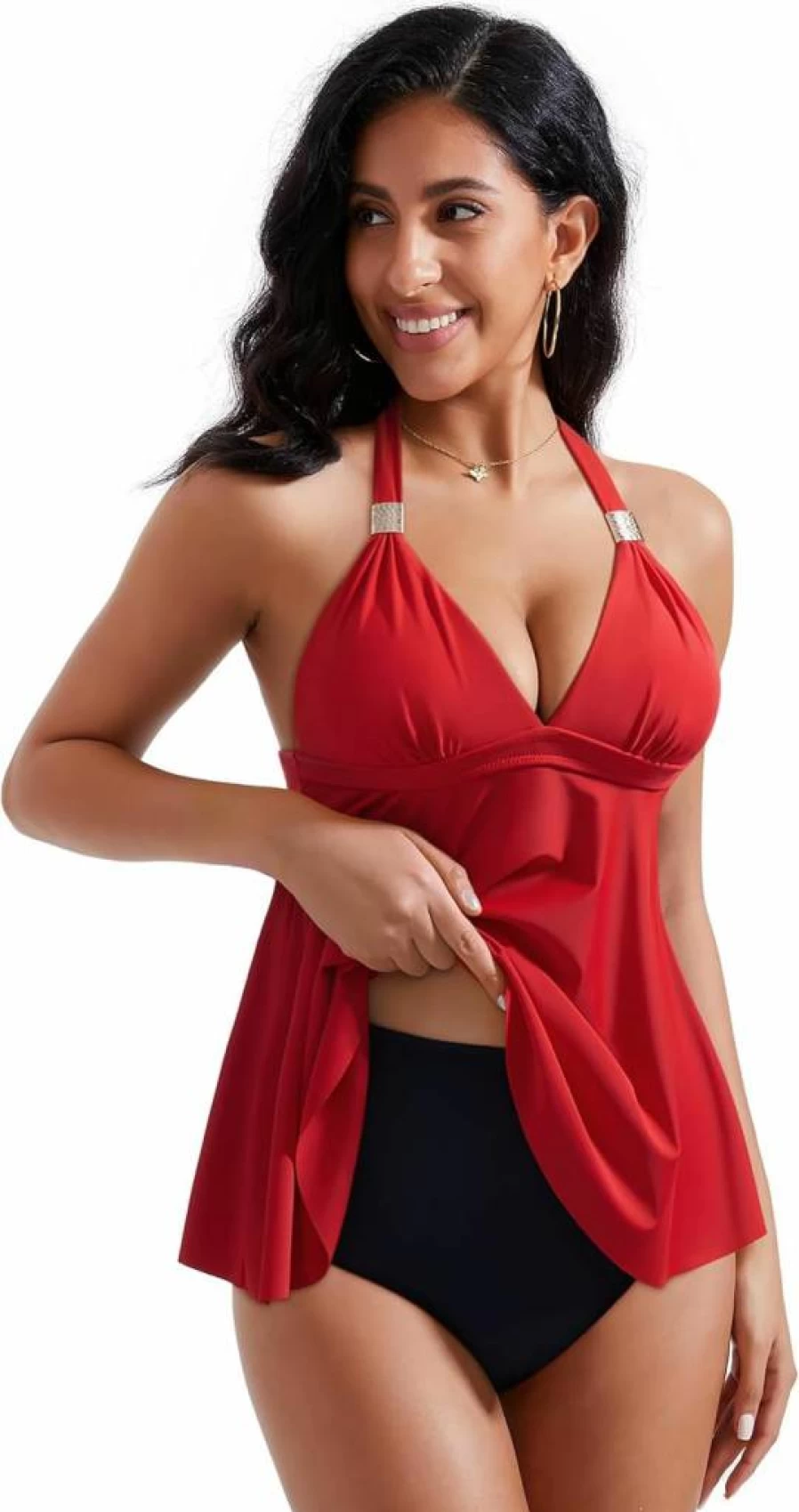 RXRXCOCO Women's Tummy Control Halter Tankini Swimsuit - Flowy V-Neck Bathing Suit for Women