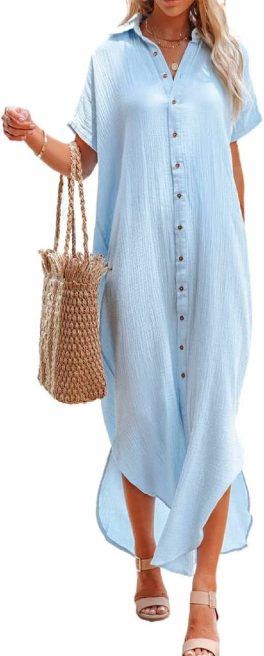 Dokotoo Women's Summer Beach Cover Up Casual Long Kimono Cardigan with Side Split and Button Down Design for Swimsuits