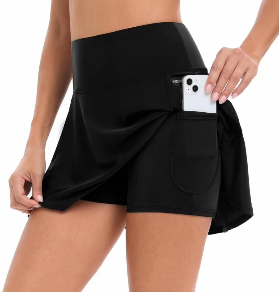 Oyamiki Women's High Waisted Swim Skirt Bikini Bottom with Zipper Pocket - Tummy Control Bathing Suit Skort