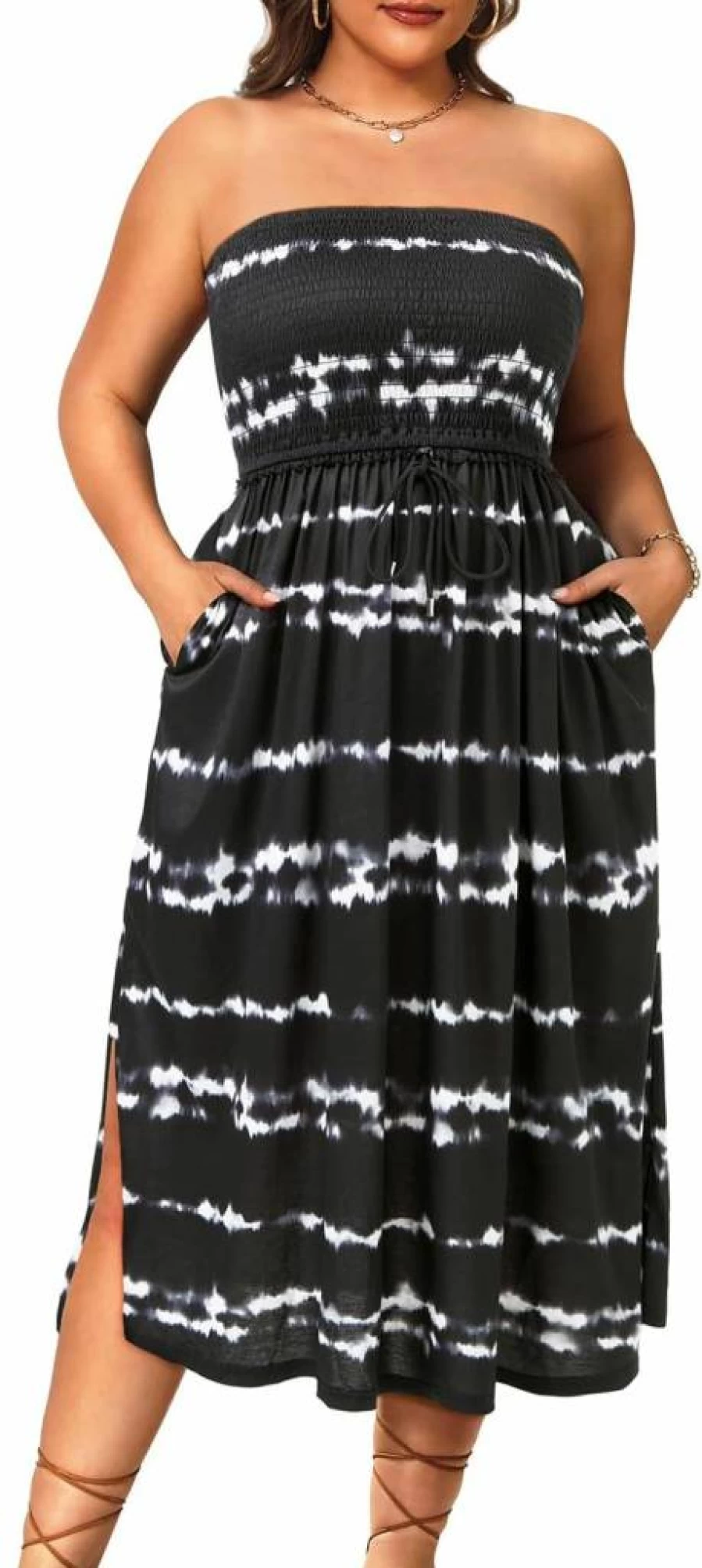 Pinup Fashion Plus Size Strapless Sundress with Pockets - Beach Cover Up Swimsuit Dress for Women
