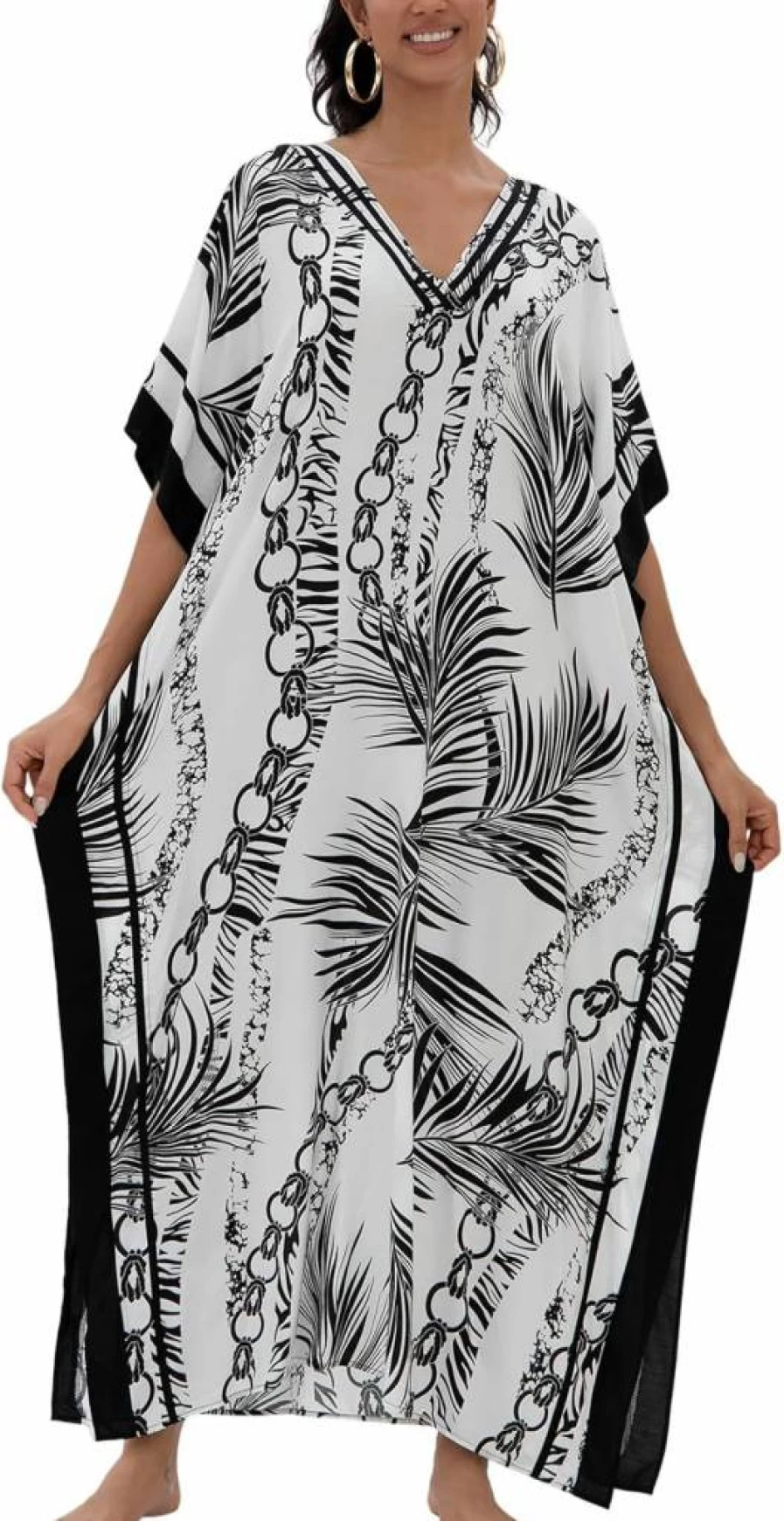 KECVOT Women's Plus Size V-Neck Kaftan Dress - Flowy Beach Cover Up, Swimsuit Lounge Dress with Stylish Print