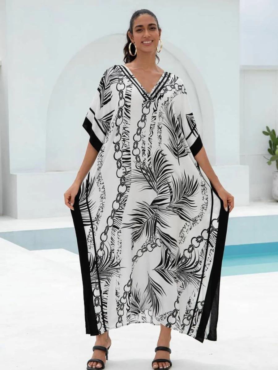 KECVOT Women's Plus Size V-Neck Kaftan Dress - Flowy Beach Cover Up, Swimsuit Lounge Dress with Stylish Print