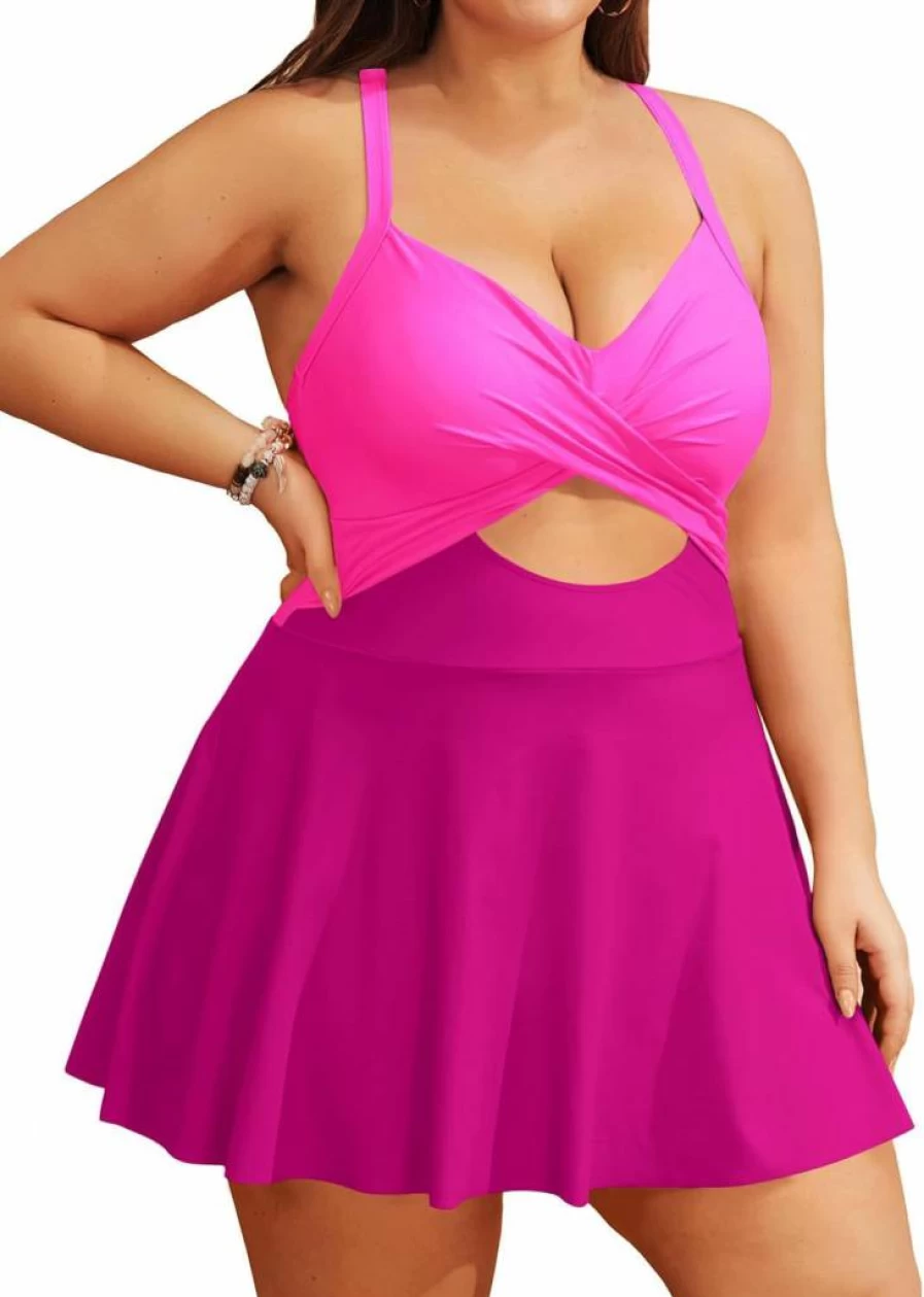 Tempt Me Plus Size One Piece Swimsuit for Women - V Neck Wrap Swimsuit with Skirt & Cutout Design