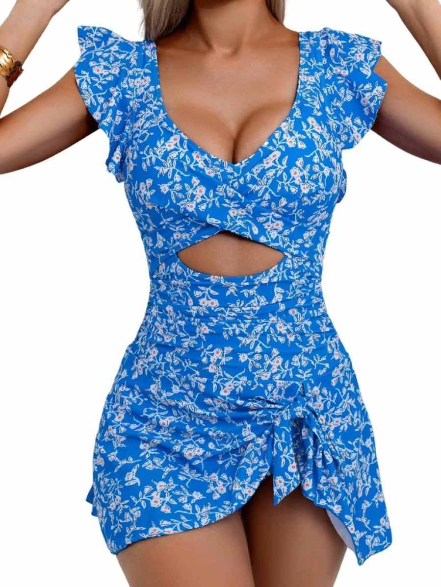 Aidonger Women's Tummy Control One Piece Swimdress with V-Neck, Ruffle Skirt & Cutout Wrap Design - Sexy Bathing Suit for Beach & Pool