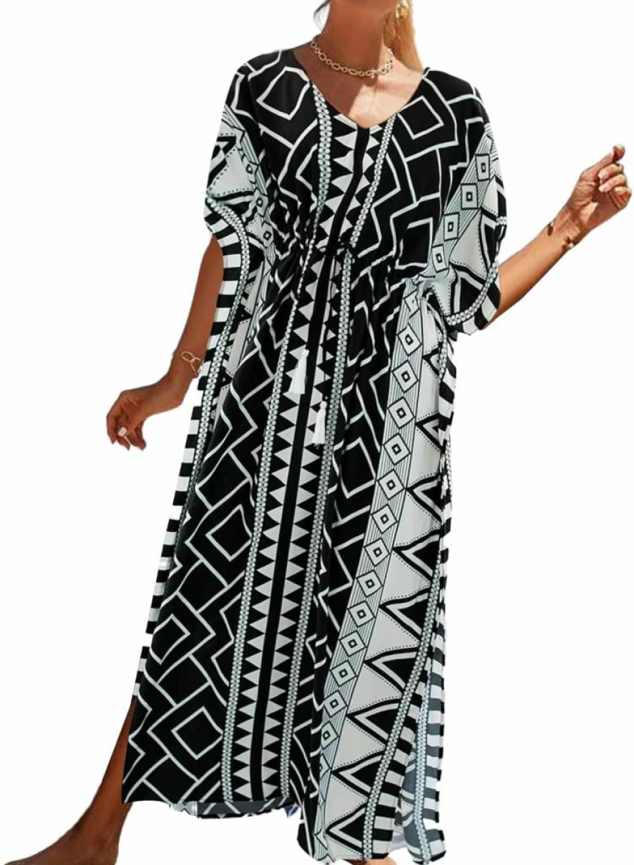 Bsubseach Plus Size Long Kaftan Dress for Women - Beach Cover Up with Waist Drawstring, Elegant Caftan Swimsuit Dress